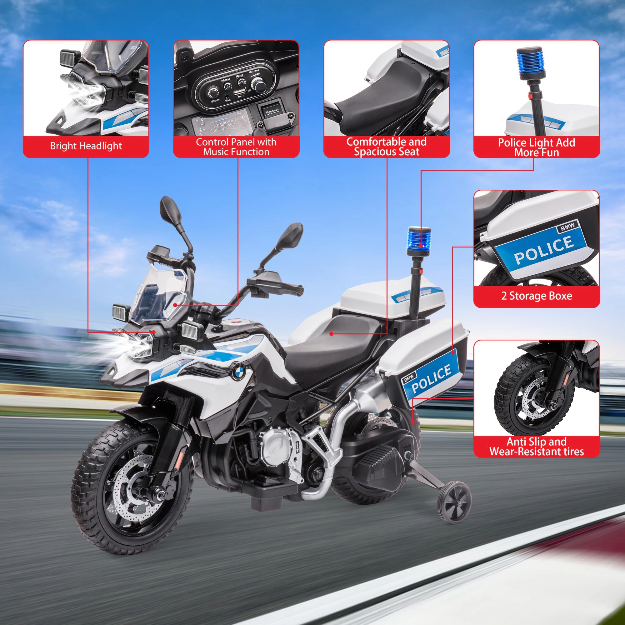 12V Licensed BMW Police Motorcycle for Kids, Ride On Bike w/High-Low Speed, LED Lights, 2 Storage Boxes & Suspension