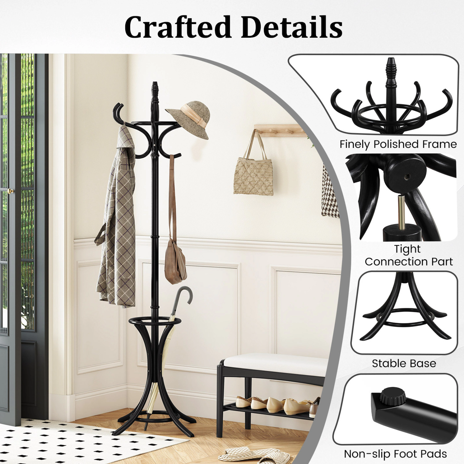 Hivvago Wooden Coat and Hat Stand with Umbrella Base