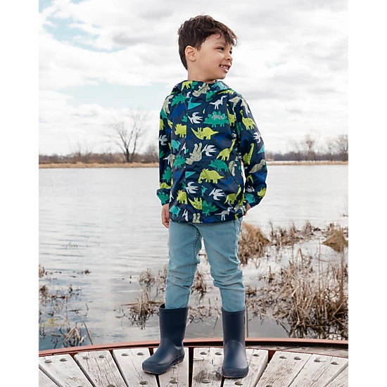 Deux par Deux Boys Packable Windbreaker In Polyester Dinosaur Print