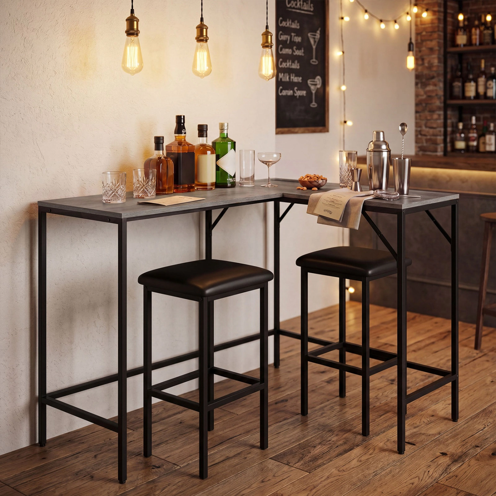 SUGIFT L-Shaped Dining Table and Chair Set with Charging Station 220-lb Table Capacity Industrial Brown and Black