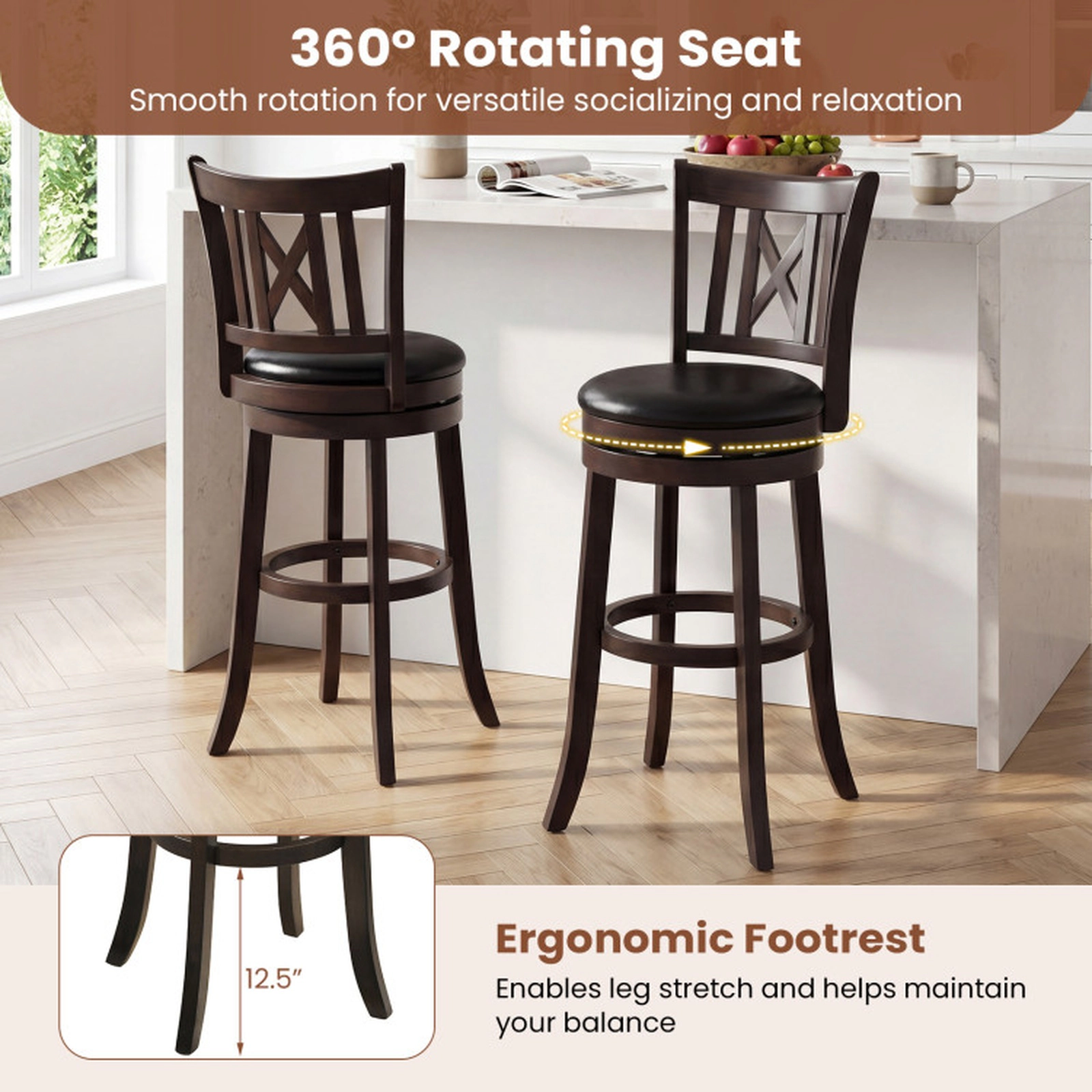SUGIFT Dark Chocolate Hollowed Backrest and Footrest Set of 4 Swivel Bar Stools