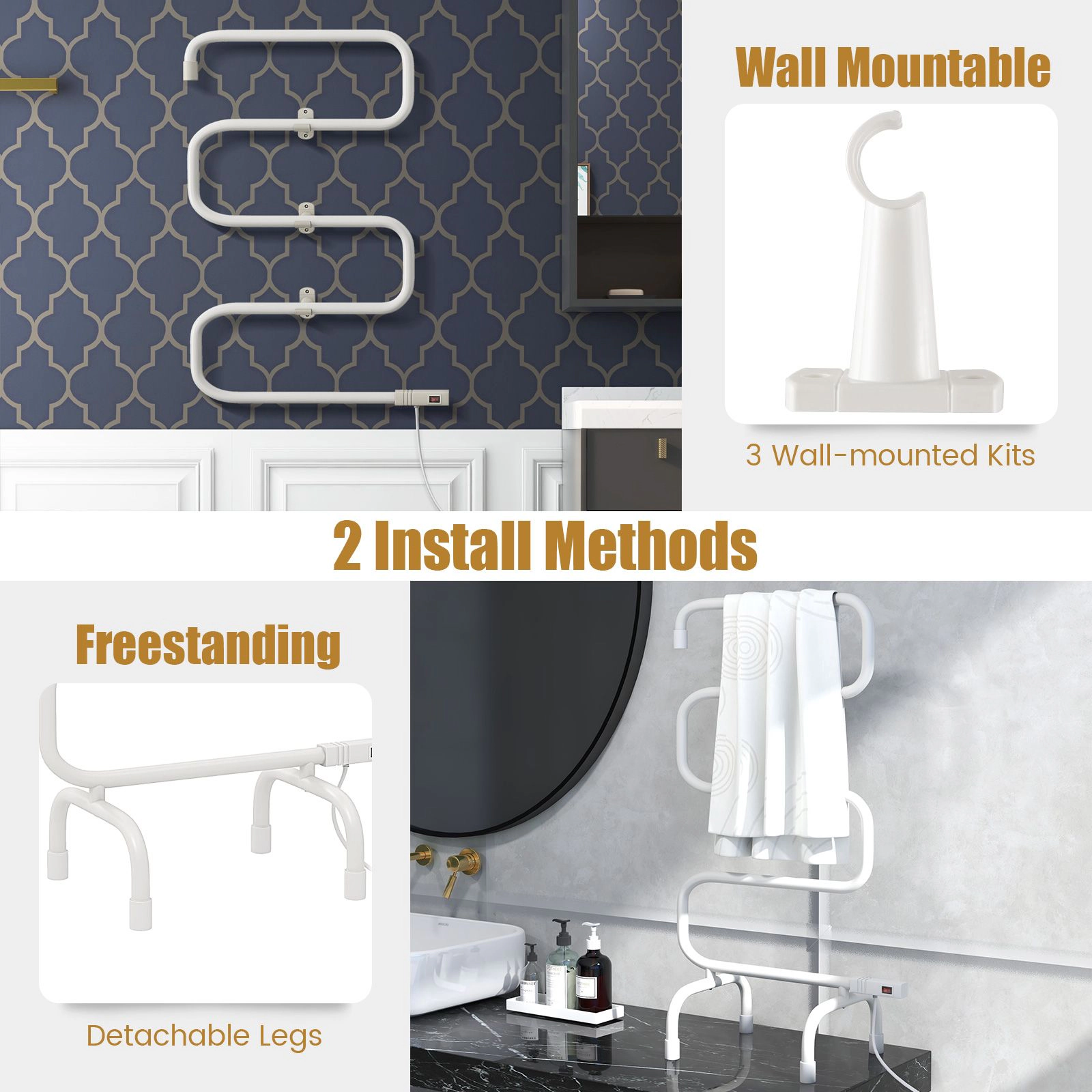 SlickBlue Wall Mount Heated Towel Rack with Floor Stand, 100W