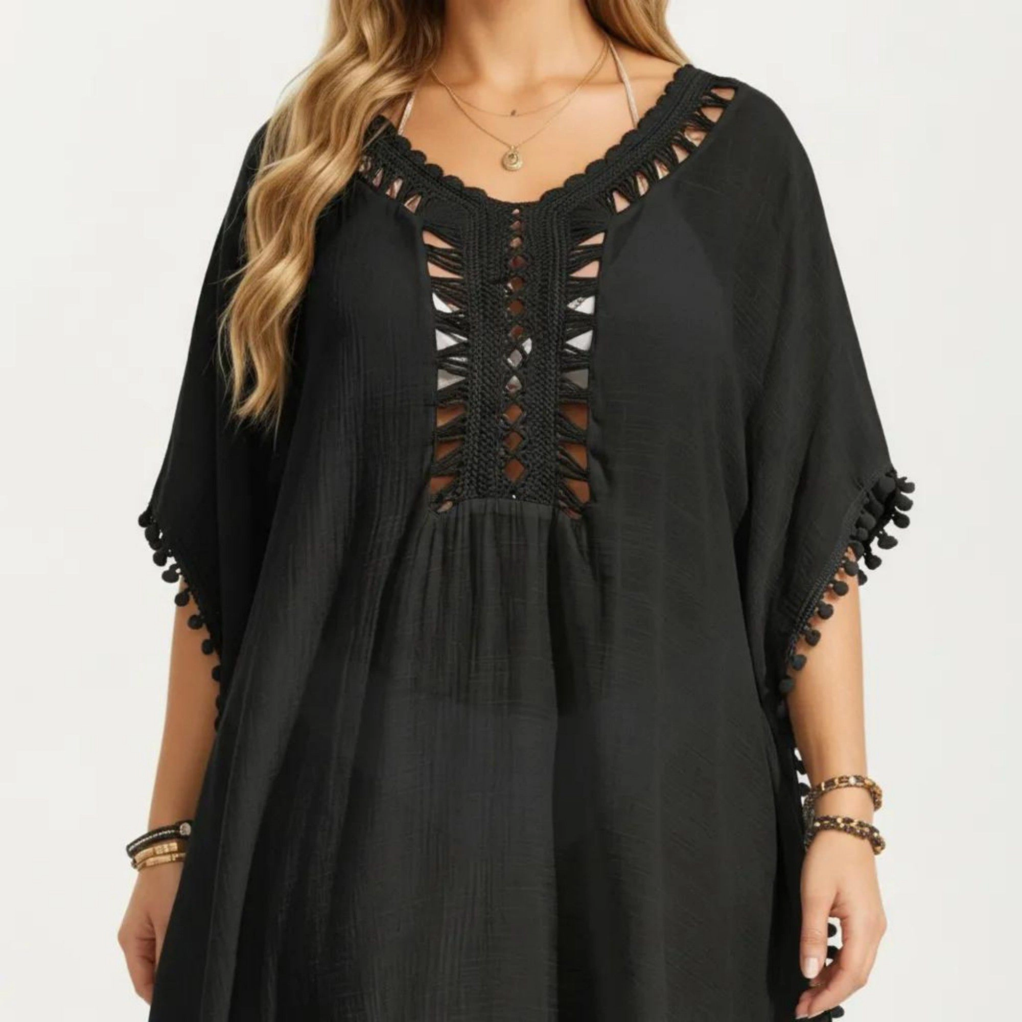 Anna-Kaci Women's Crochet Cutout Neckline Pom Trim Hem Loose Short Sleeve Relaxed Fit Swim Cover Up Dress