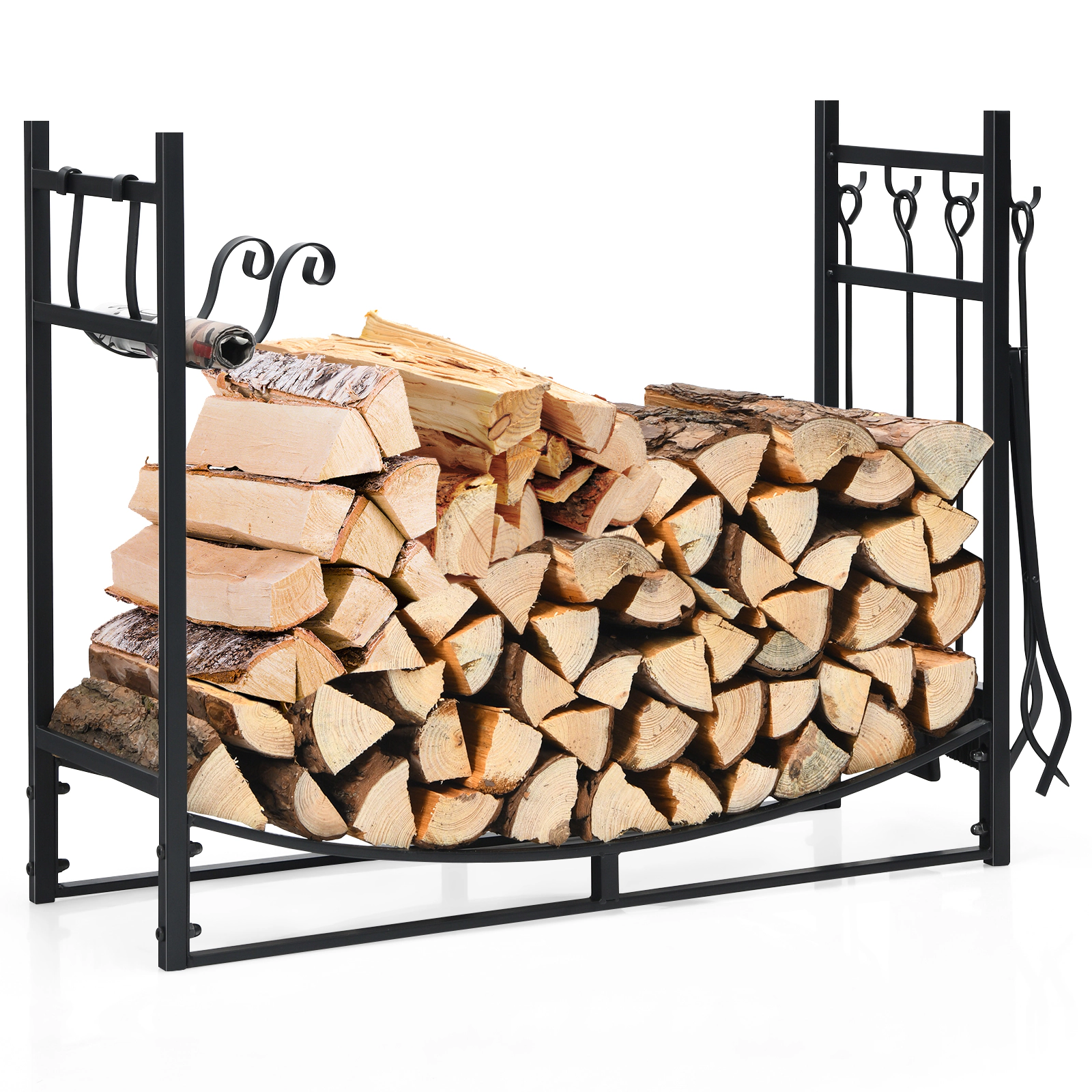SUGIFT Heavy-Duty Steel Fireplace Log Rack with Kindling Holders and Tools 110-lb Capacity Black