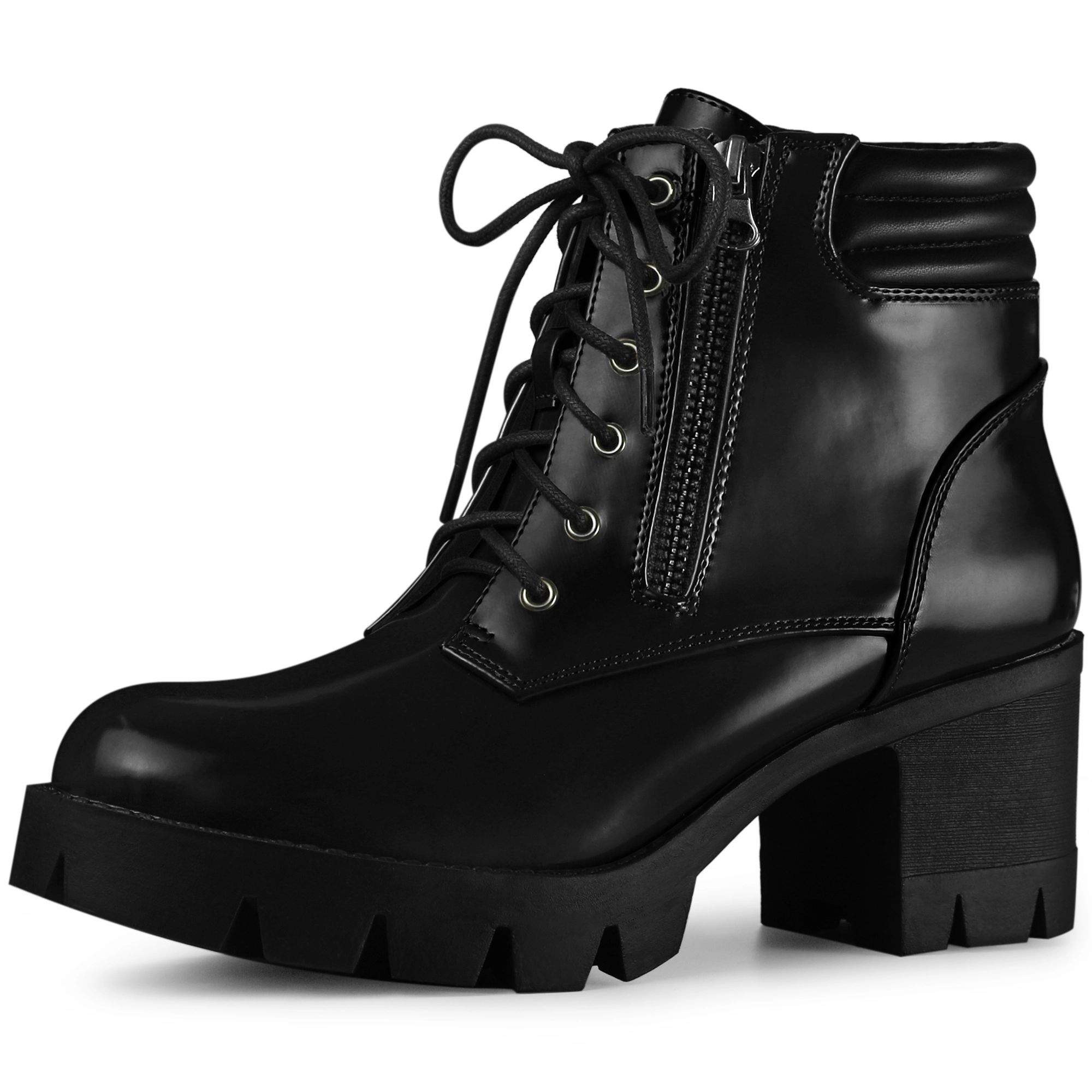 BLISSFUL STEP Women Faux Leather Platform Lace Up Chunky Heel Combat Ankle Boots
