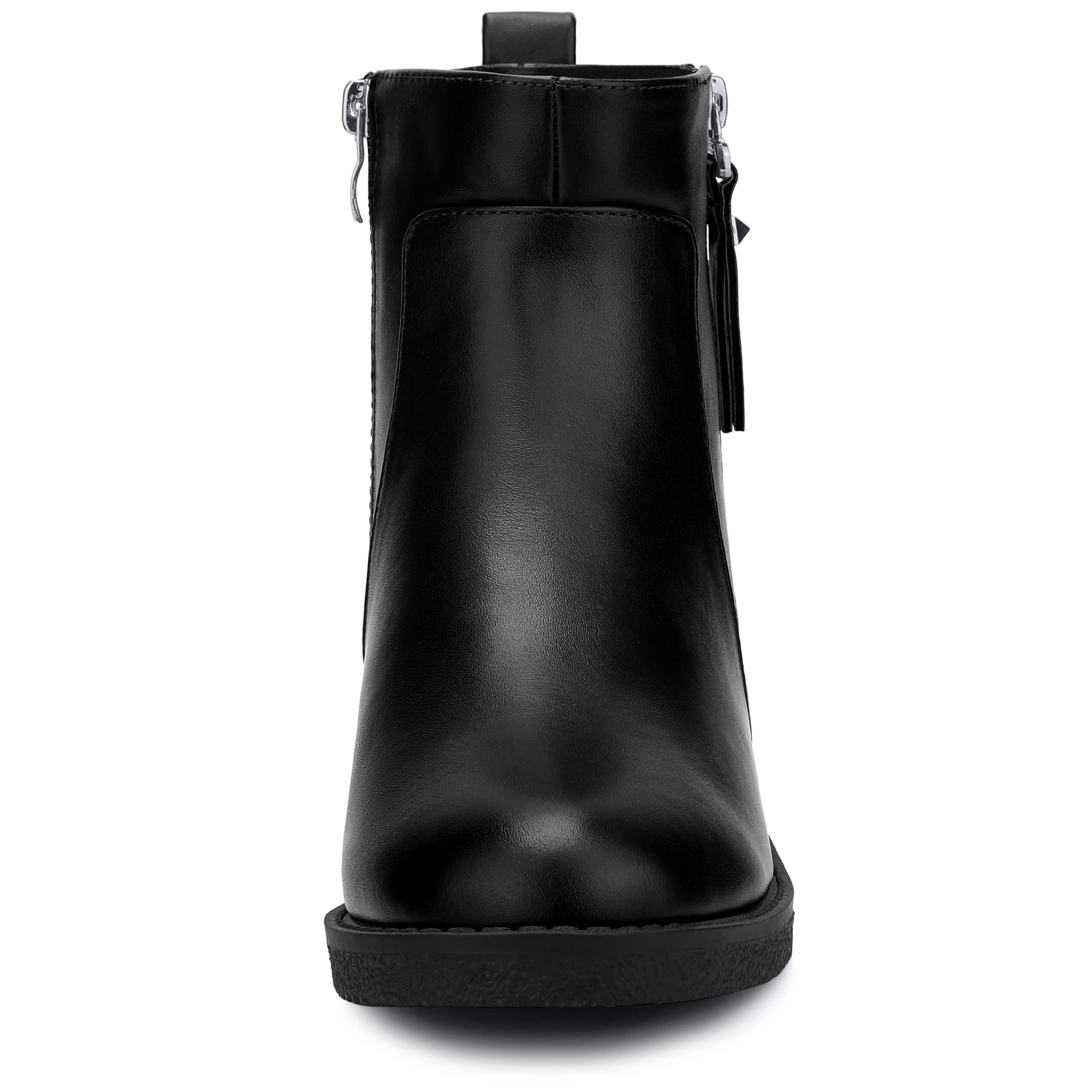 BLISSFUL STEP Women Faux Leather Round Toe Zipper Chunky Low Heel Ankle Boots