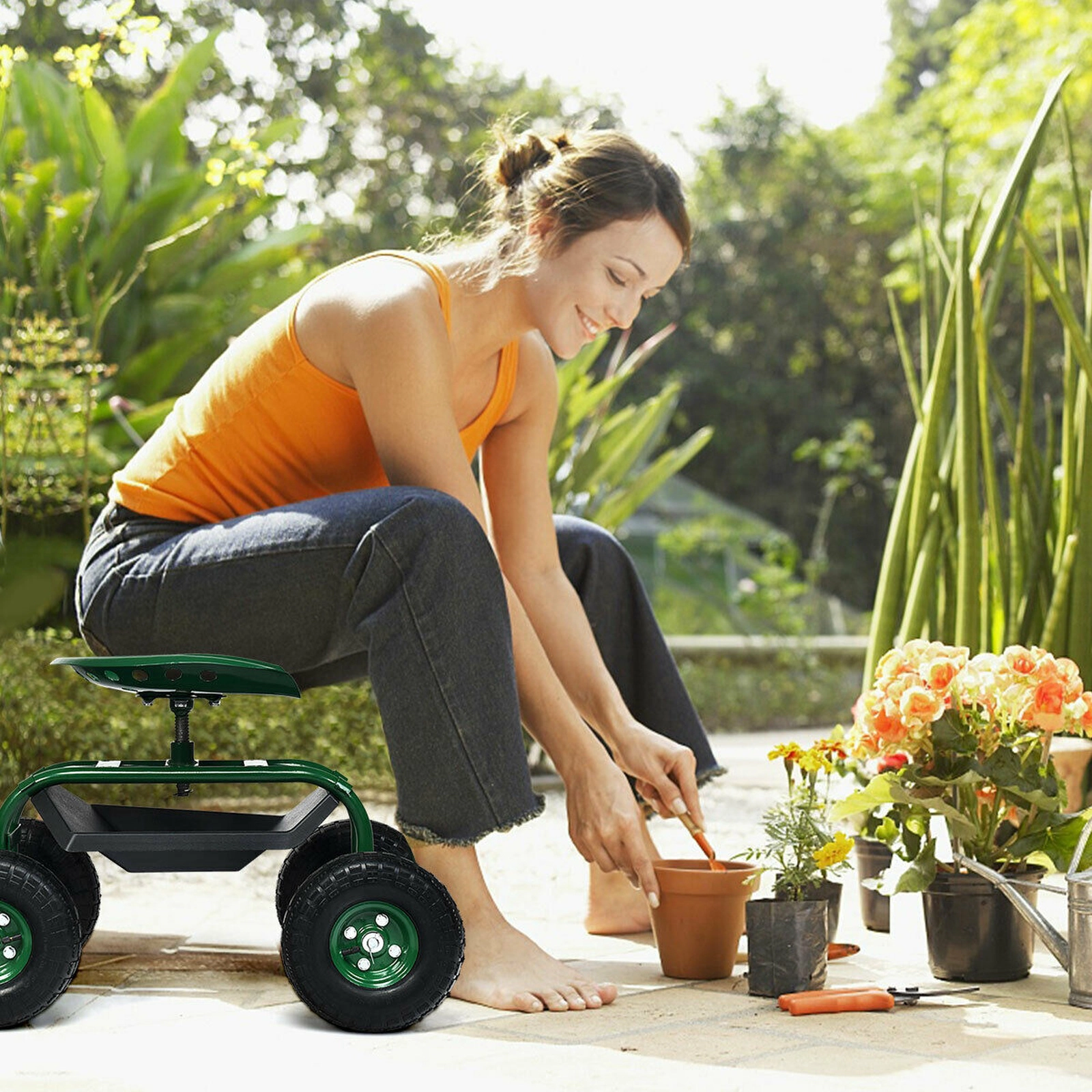 SUGIFT Heavy Duty Garden Cart with Tool Tray and 360 Swivel Seat 330-lb Capacity Green