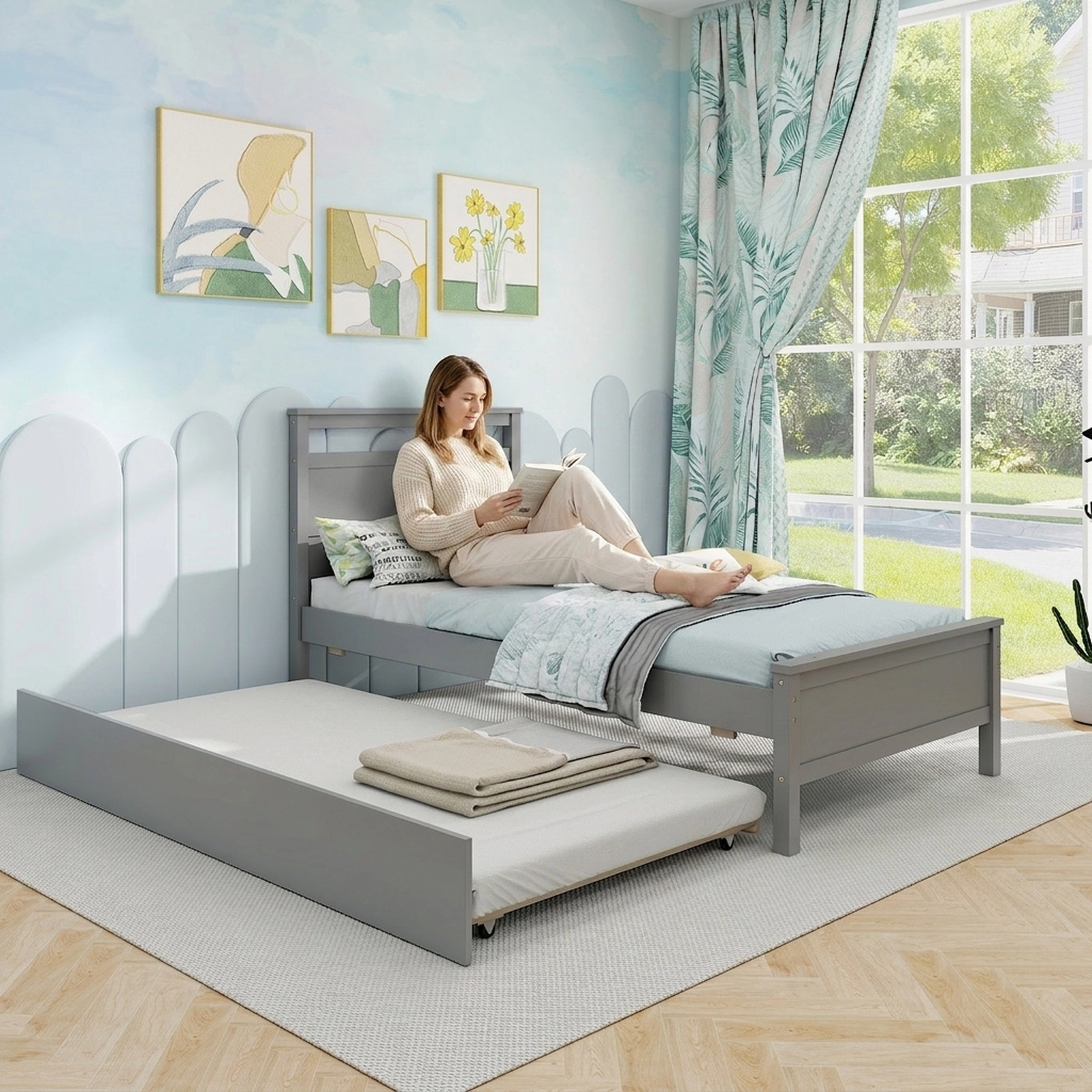 SUGIFT Twin Wooden Platform Bed with Pull-Out Trundle, Gray