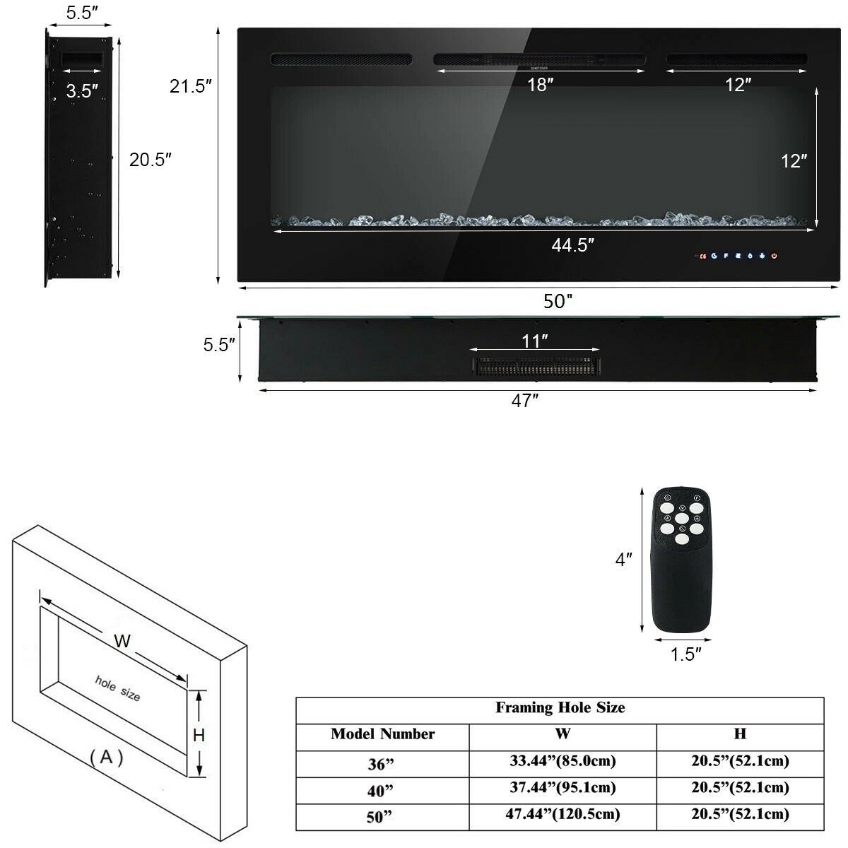 SlickBlue Black Wall Mounted Electric Fireplace Heater, 1500W, 9 Flame Colors, LED Screen, Remote