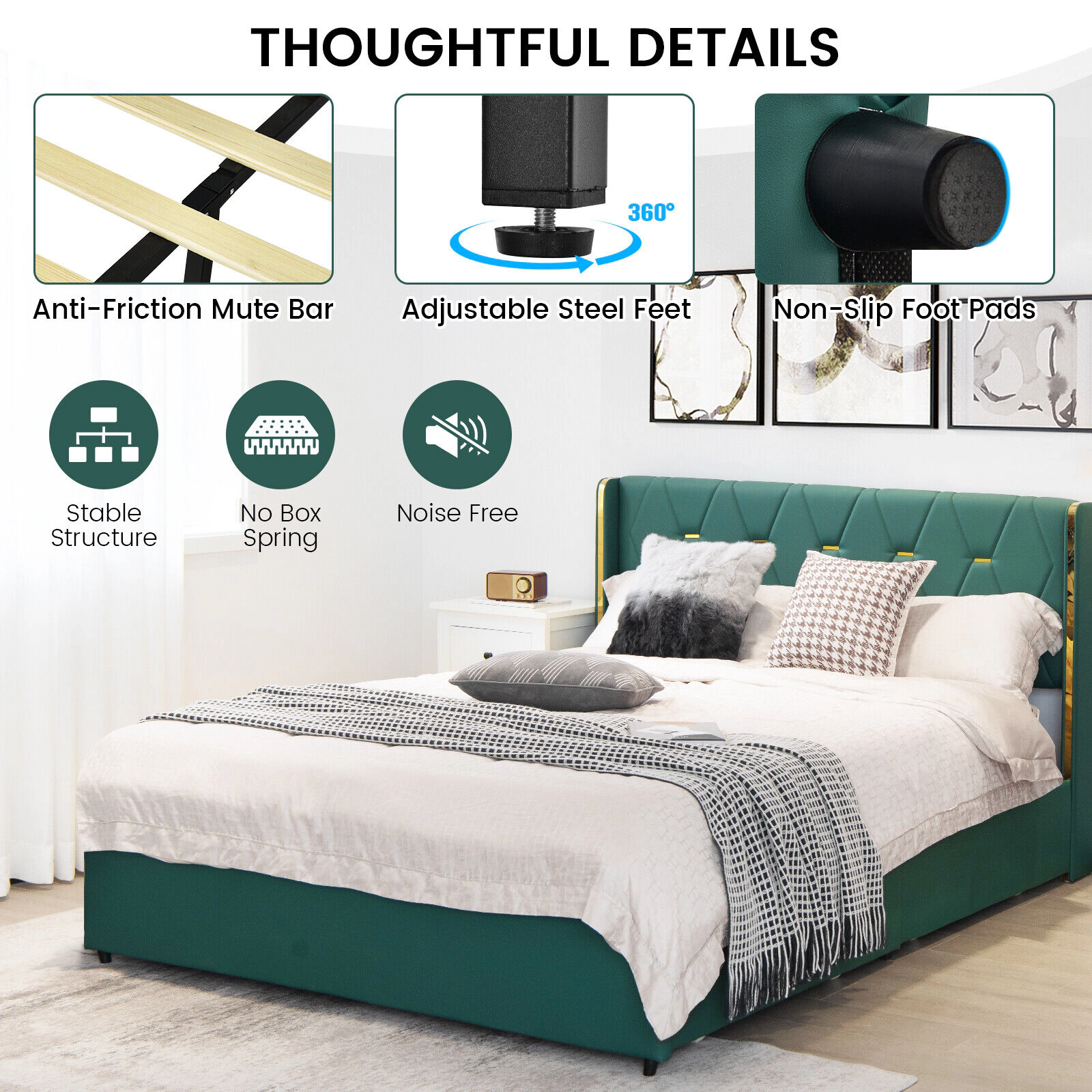 LJG Full/Queen Size Upholstered Bed Frame with 4 Drawers-Green-Full Size