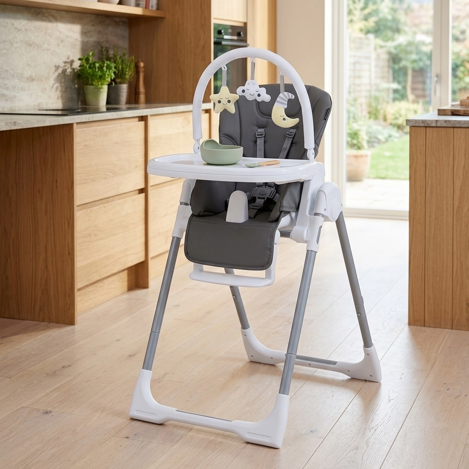 Foldable Baby High Chair Removable Toy Bar Reclining Backrest Dishwasher-Safe Double Trays for Toddlers Dark Gray