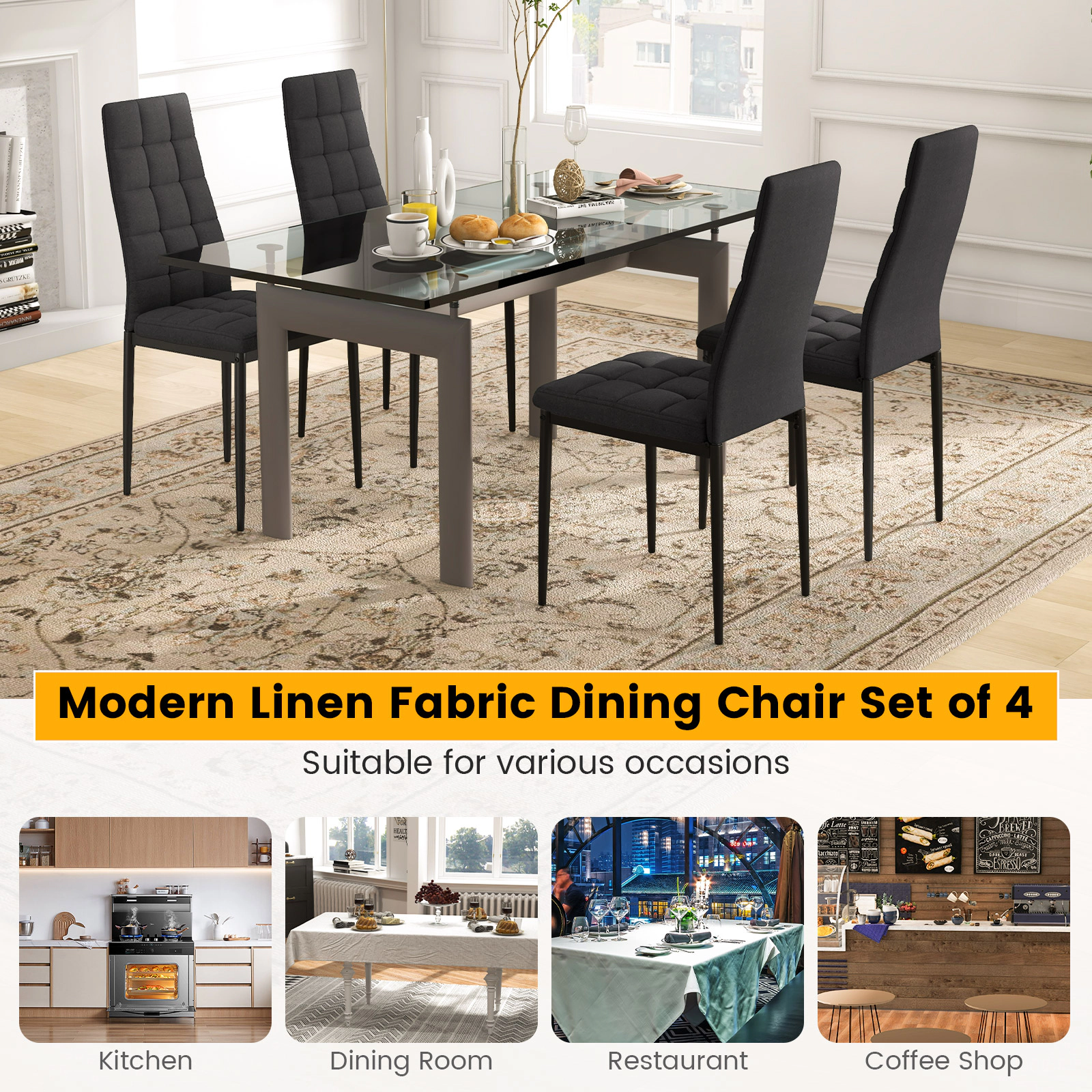 SUGIFT Black Fabric High Back Upholstered Cushion Metal Legs Set of 4 Dining Chairs