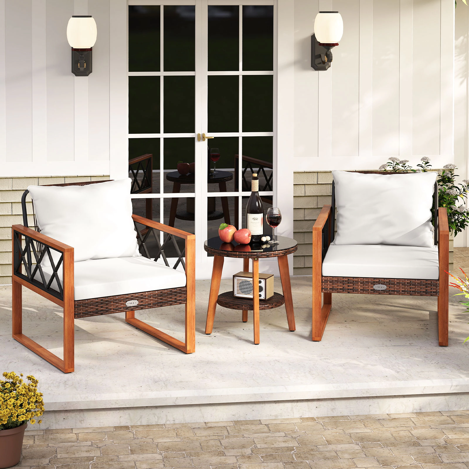 LJG 3 Pieces Patio Furniture Set with Tempered Glass Top Table and Soft Cushions