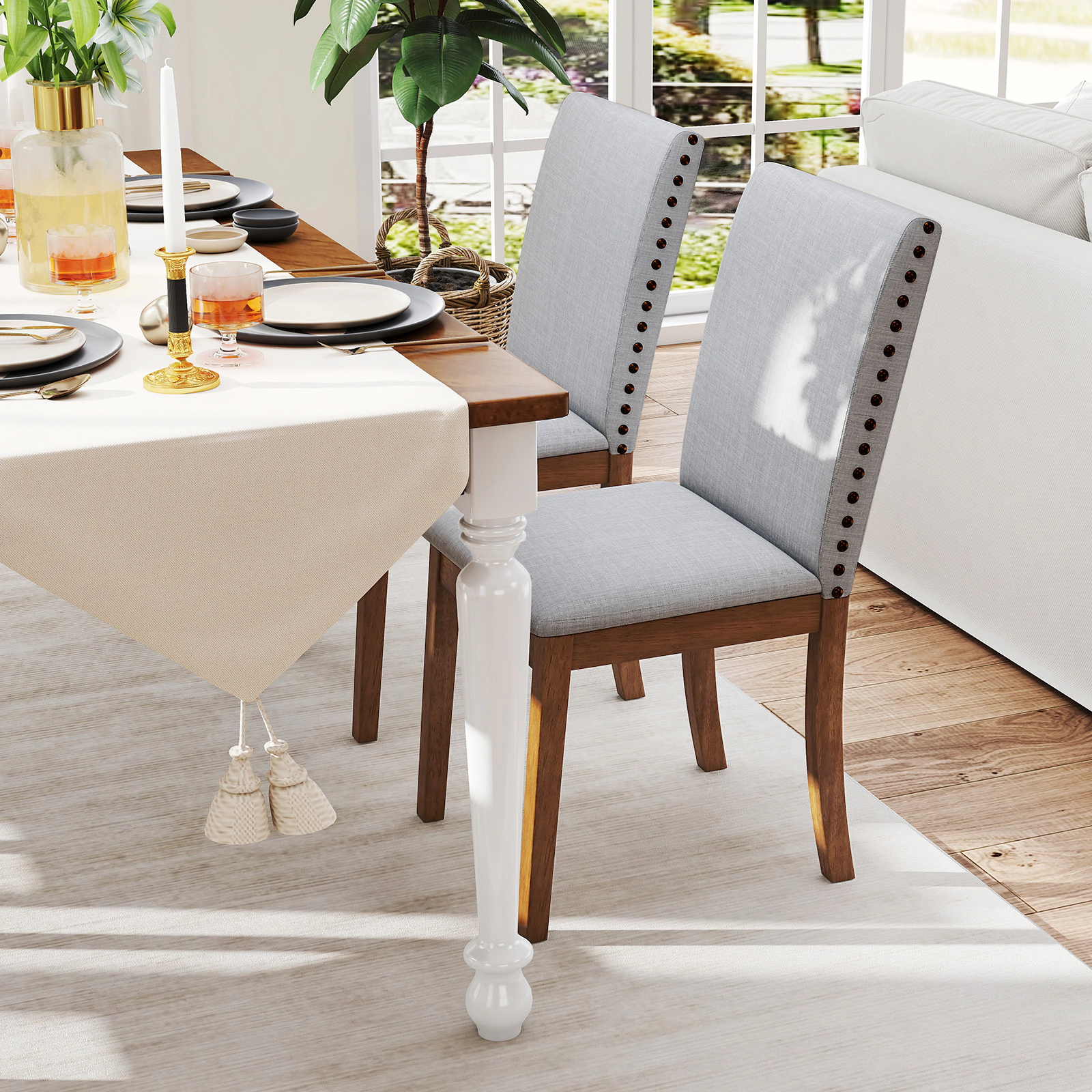 SUGIFT Set of 2 Upholstered Dining Chairs Nailhead Trim 400-Lb Capacity 23-in x 19-in x 36-in Frame Ash Gray + Walnut
