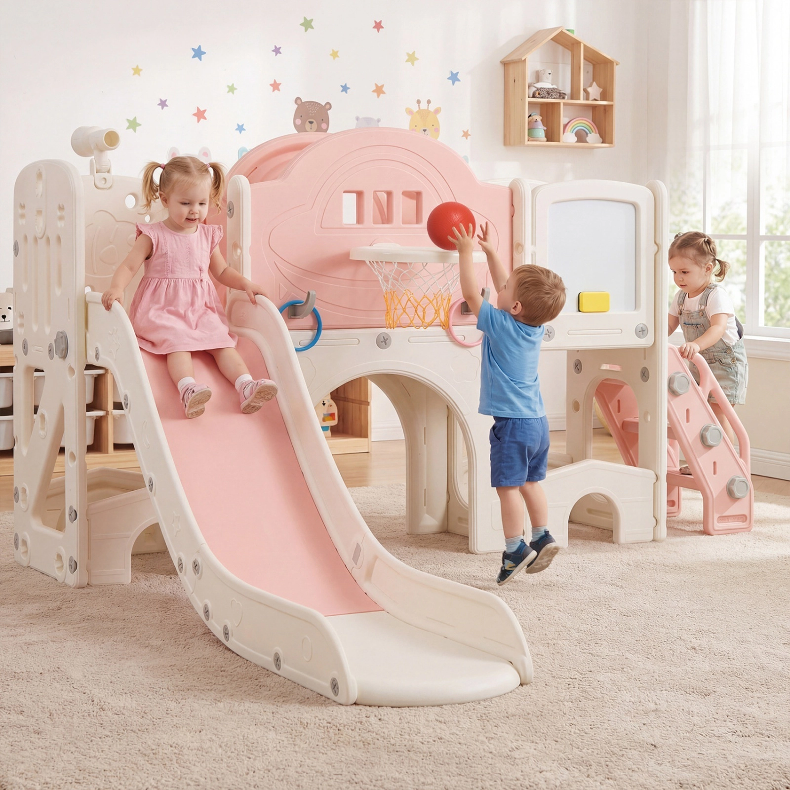 10-in-1 Toddler Slide Climber Playset 60-in Slide Magnetic Whiteboard Basketball Hoop and Crawl Tunnel Ages 3+ Pink