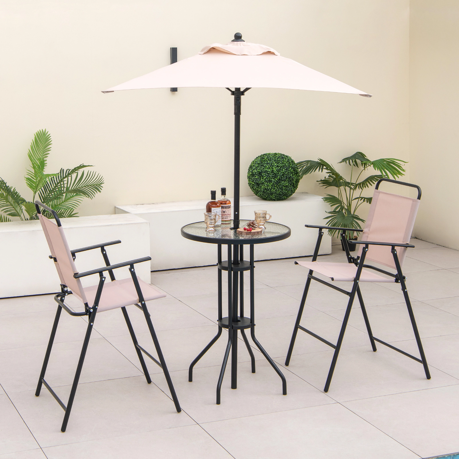 SUGIFT 4-Piece Beige Outdoor Bar Set, 36-Inch Table, 2 Folding Chairs and Umbrella