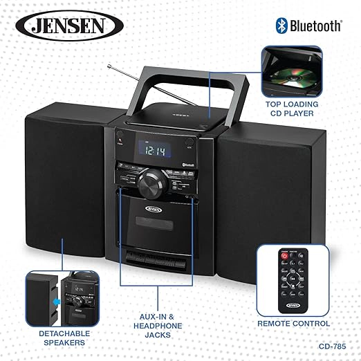 Jensen Portable Bluetooth CD Stereo System with AM/FM Radio, USB MP3 & Cassette CD-785