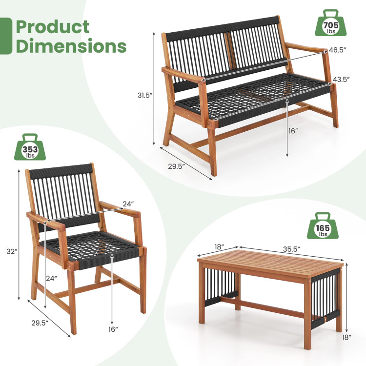 Hivvago 4 Pieces Acacia Wood Patio Conversation Table And Chair Set With Hand Woven Rope