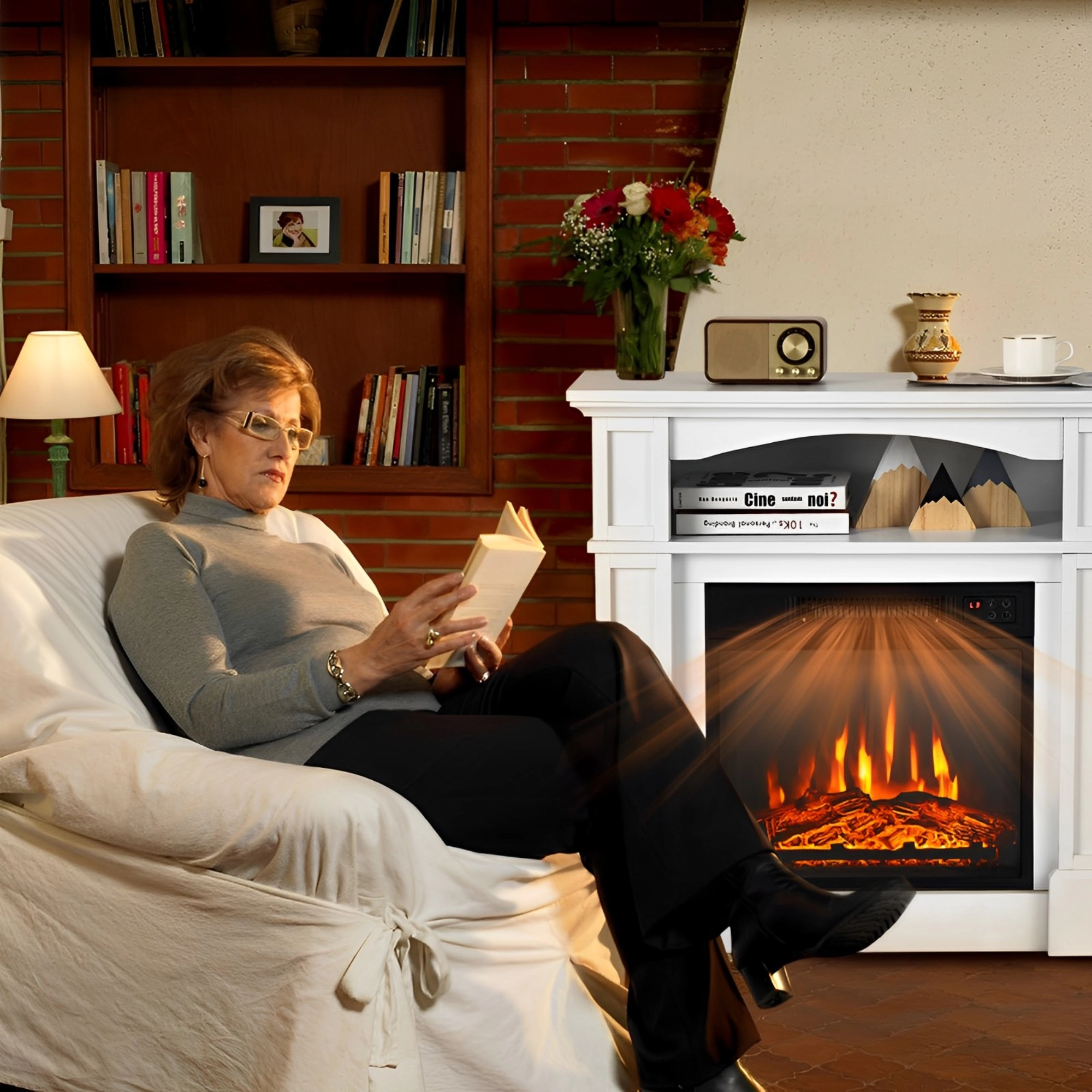 SUGIFT 18-in Electric Fireplace Insert Arched Open Shelf Mantel TV Stand 32-in x 13-in x 31-in 1400W 4650 BTU White