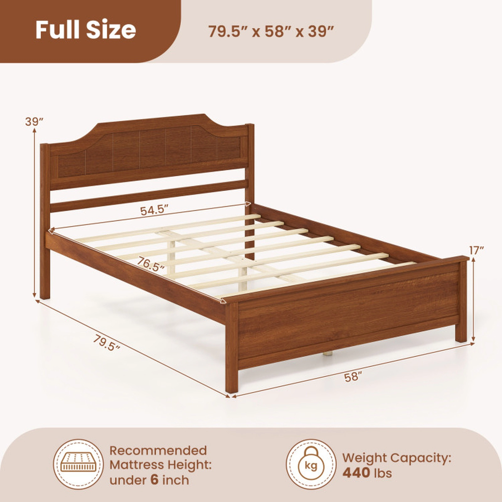 SUGIFT Walnut Arched Panel Headboard Solid Wood Platform Bed Frame