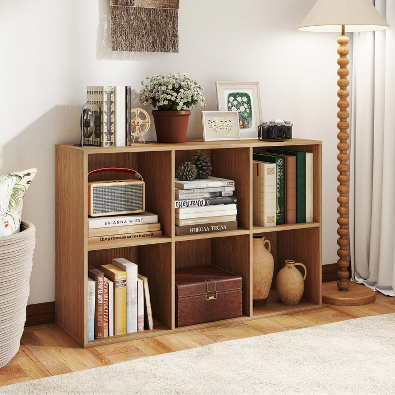 SUGIFT Modern 6-Cube Bookcase 132-lb Top Capacity with Anti-Tipping Kits for Bedroom Living Room Natural