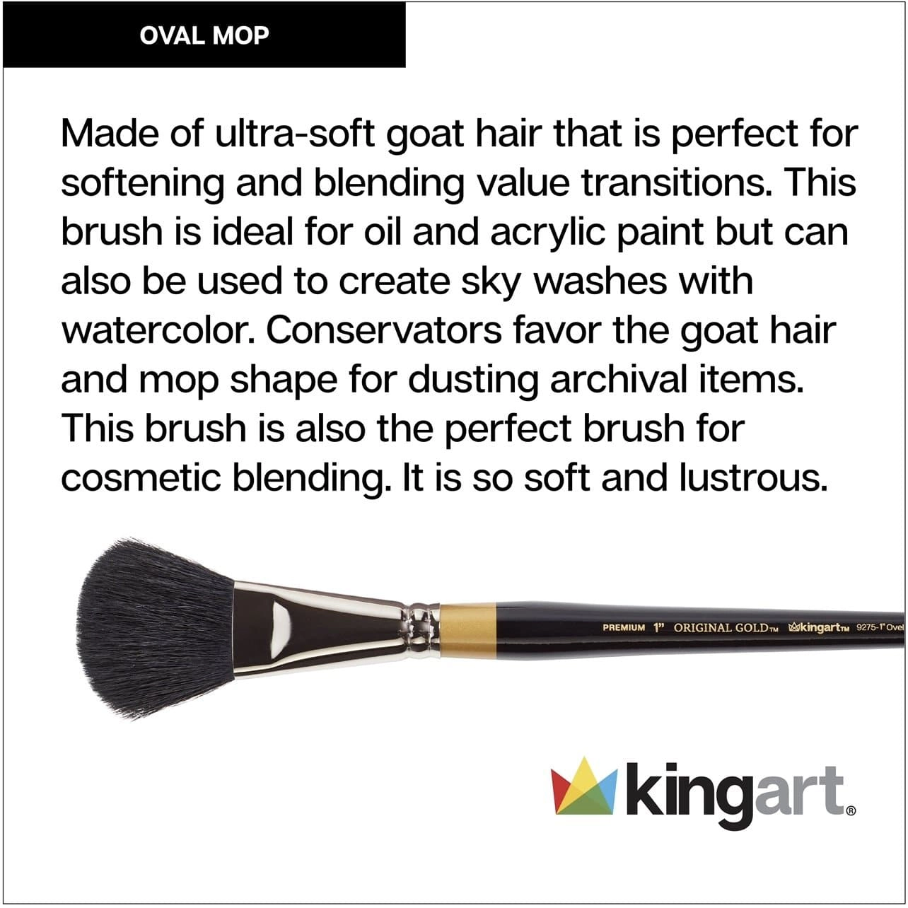 KINGART Original Gold 9275 Oval Mop Brush, Black Synthetic Hair, Short Handle