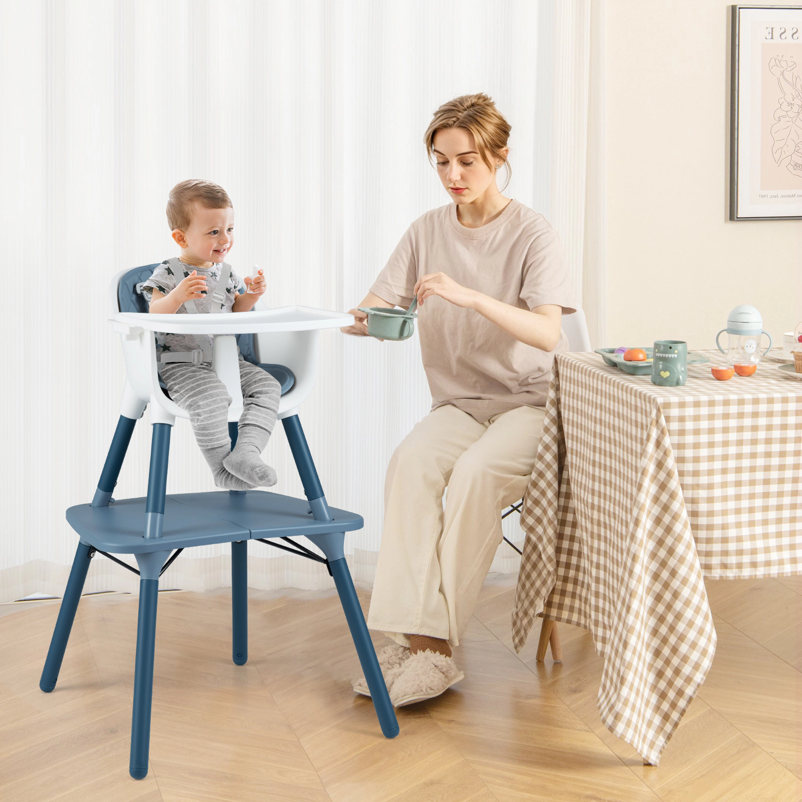 SUGIFT 4-in-1 Convertible Baby High Chair & Toddler Table Chair Set with PU Cushion 33-lb Capacity Ages 6-36 Months Blue