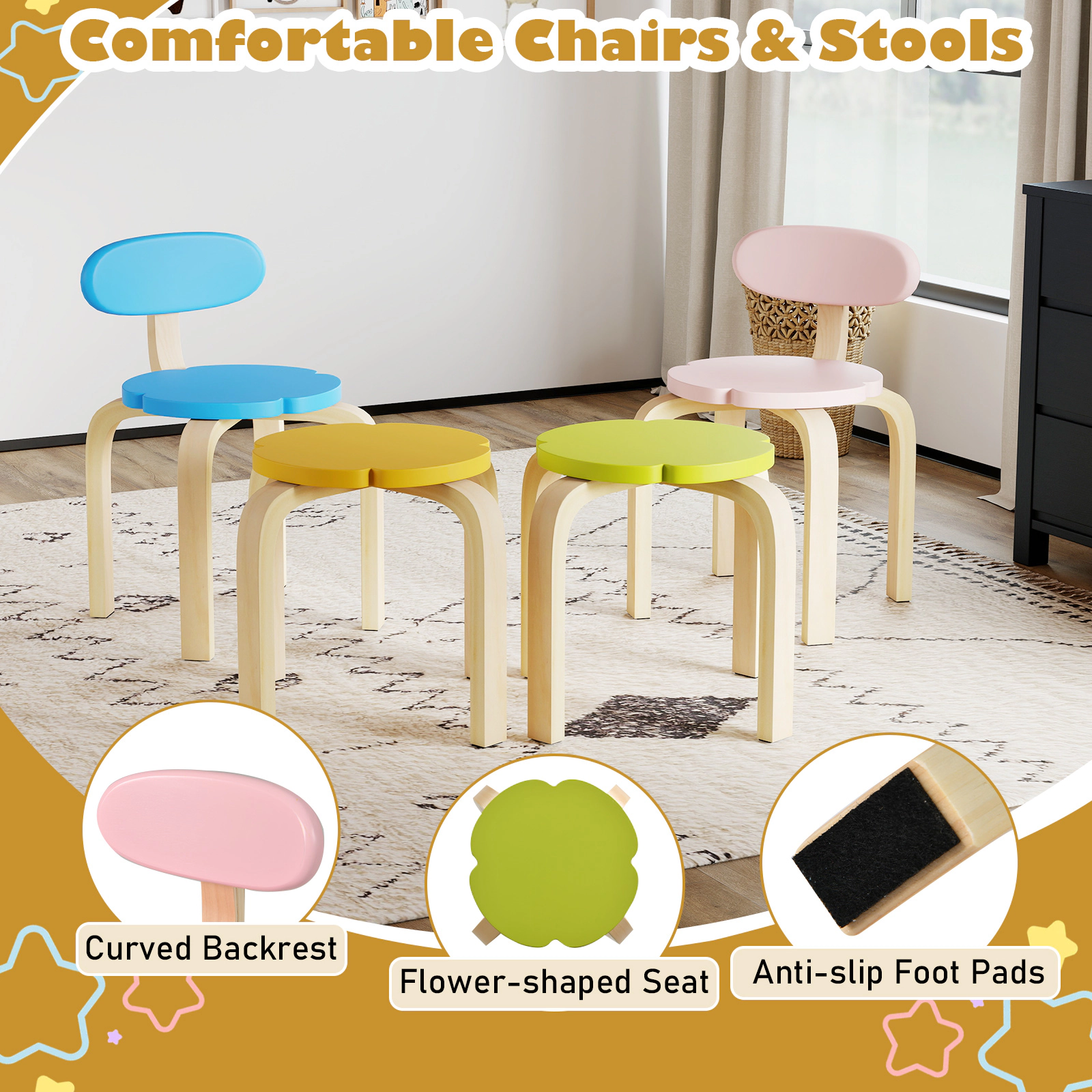SUGIFT Flower-Shaped Wooden Children Play & Activity Table Set with 2 Chairs & 2 Stools 176-lb Tabletop Capacity Ages 3+