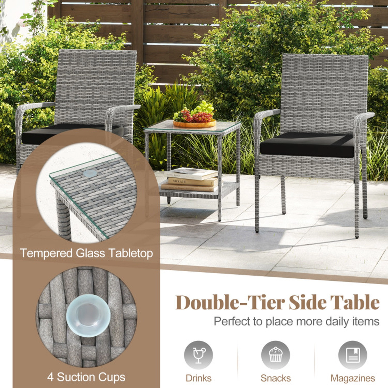 SUGIFT Black Cushions and Glass Side Table 3-Piece Patio Rattan Balcony Chair Set
