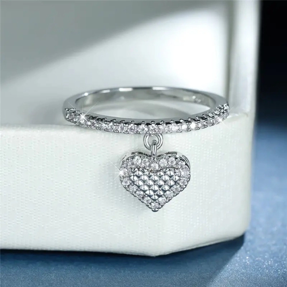 Dangling Heart Half-Pave Cubic Zirconia Band Statement Ring for Women