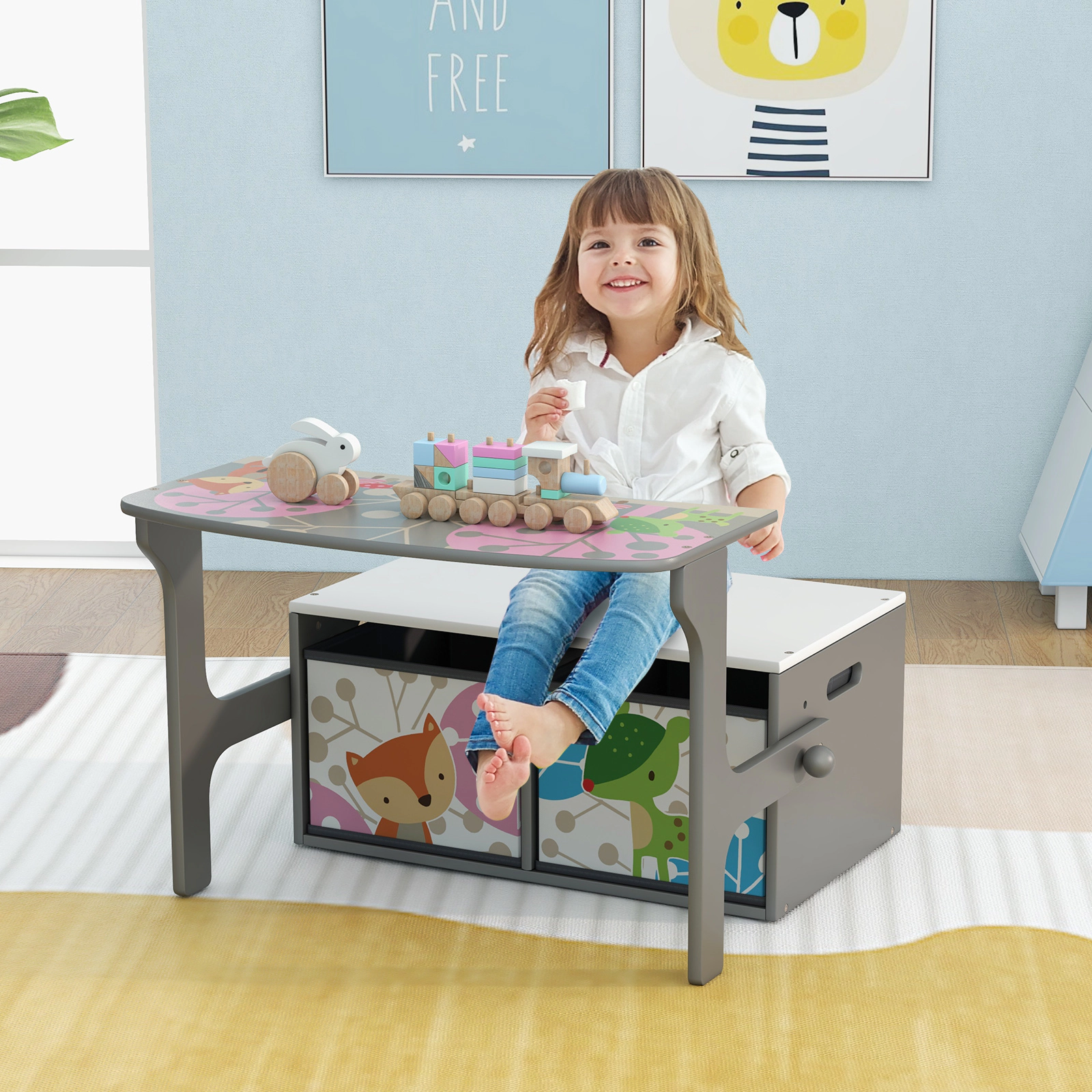 SUGIFT 3-in-1 Kids Convertible Activity Bench Table and Chair Set with Storage 132-lb Seat Capacity Gray/White
