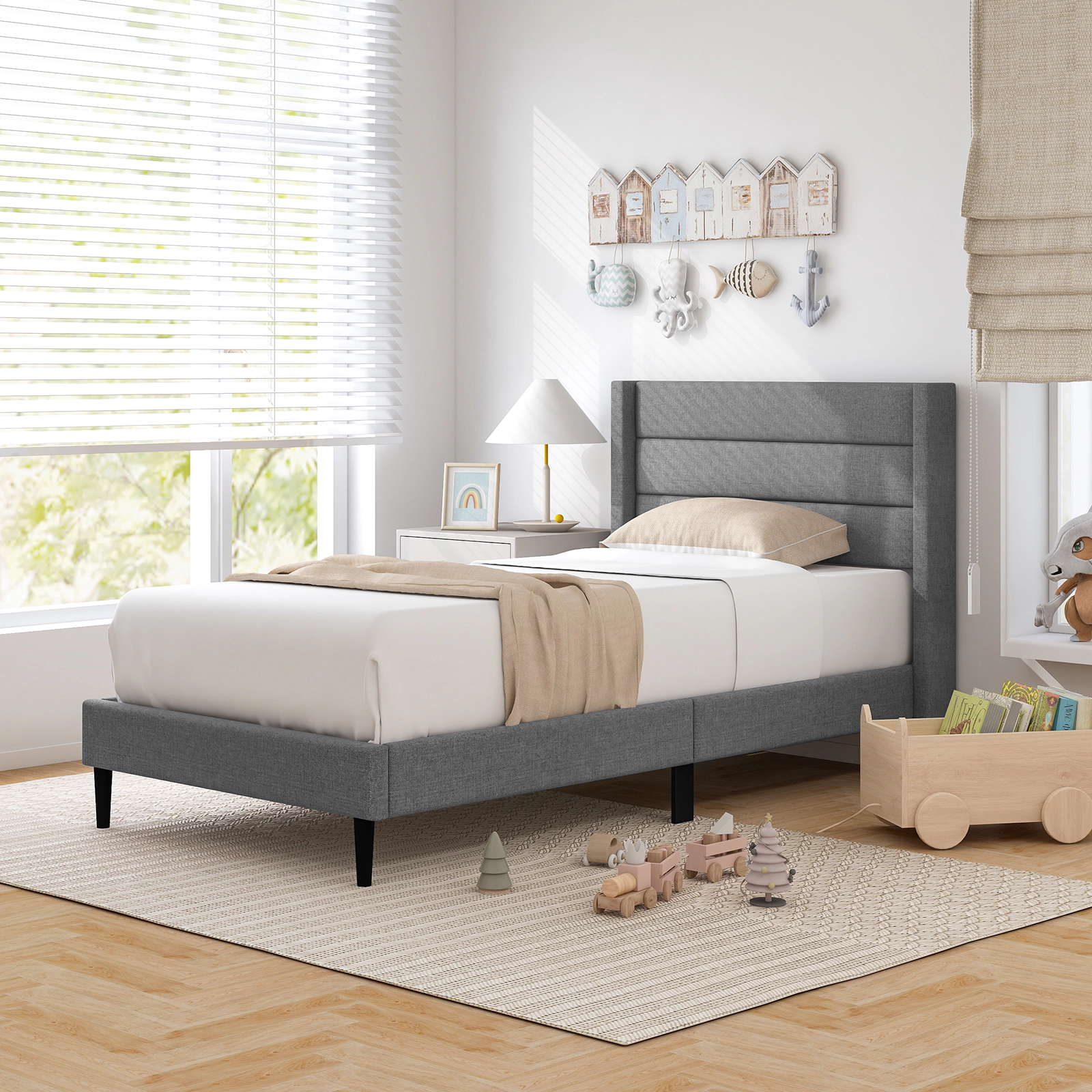 LJG Linen Upholstered Platform Twin/Queen Bed Frame with Wingback Headboard