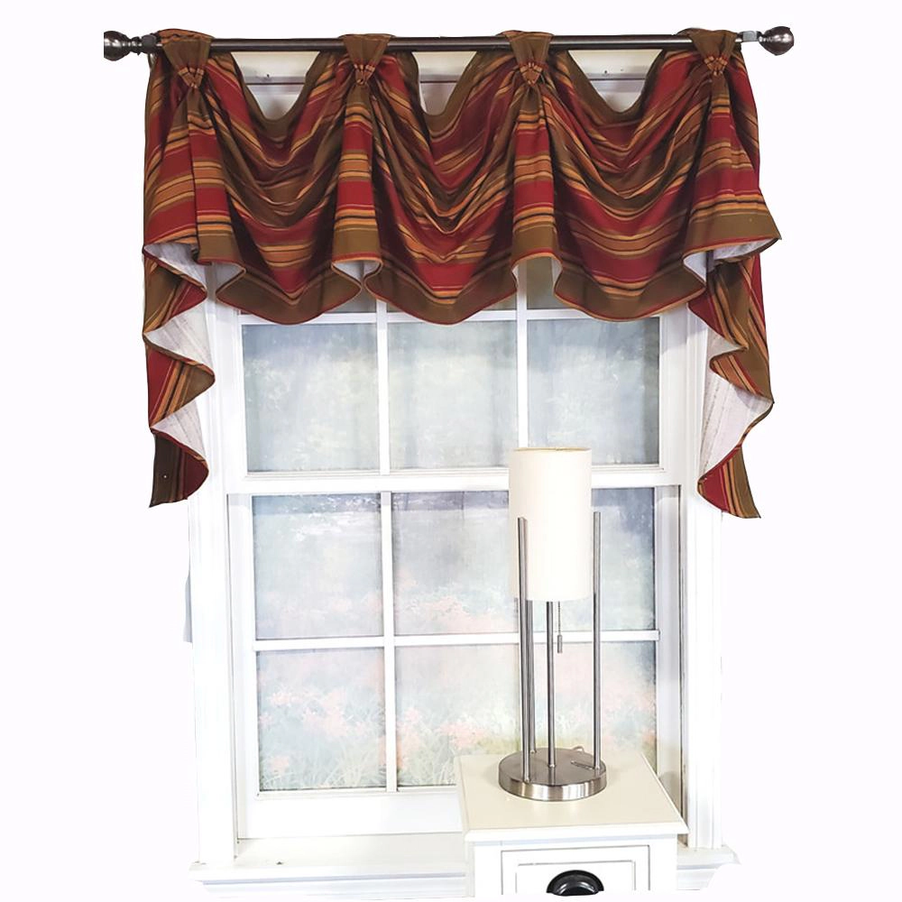 RLF Home Luxurious Modern Design Nigel Stripe Victory Swag 3-Scoop Window Valance 50" x 25" Ruby