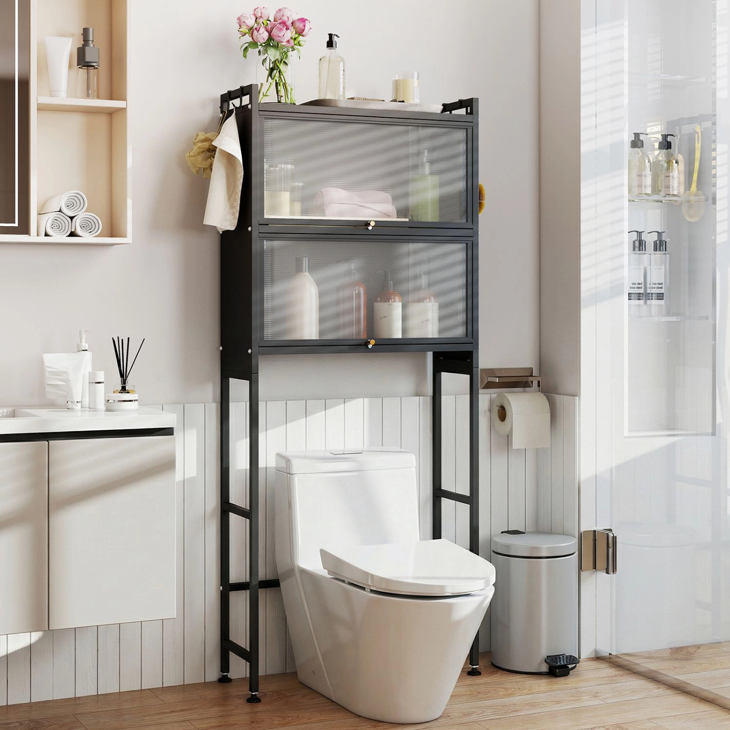 SlickBlue Over Toilet Storage Cabinet with Shelves and Hooks