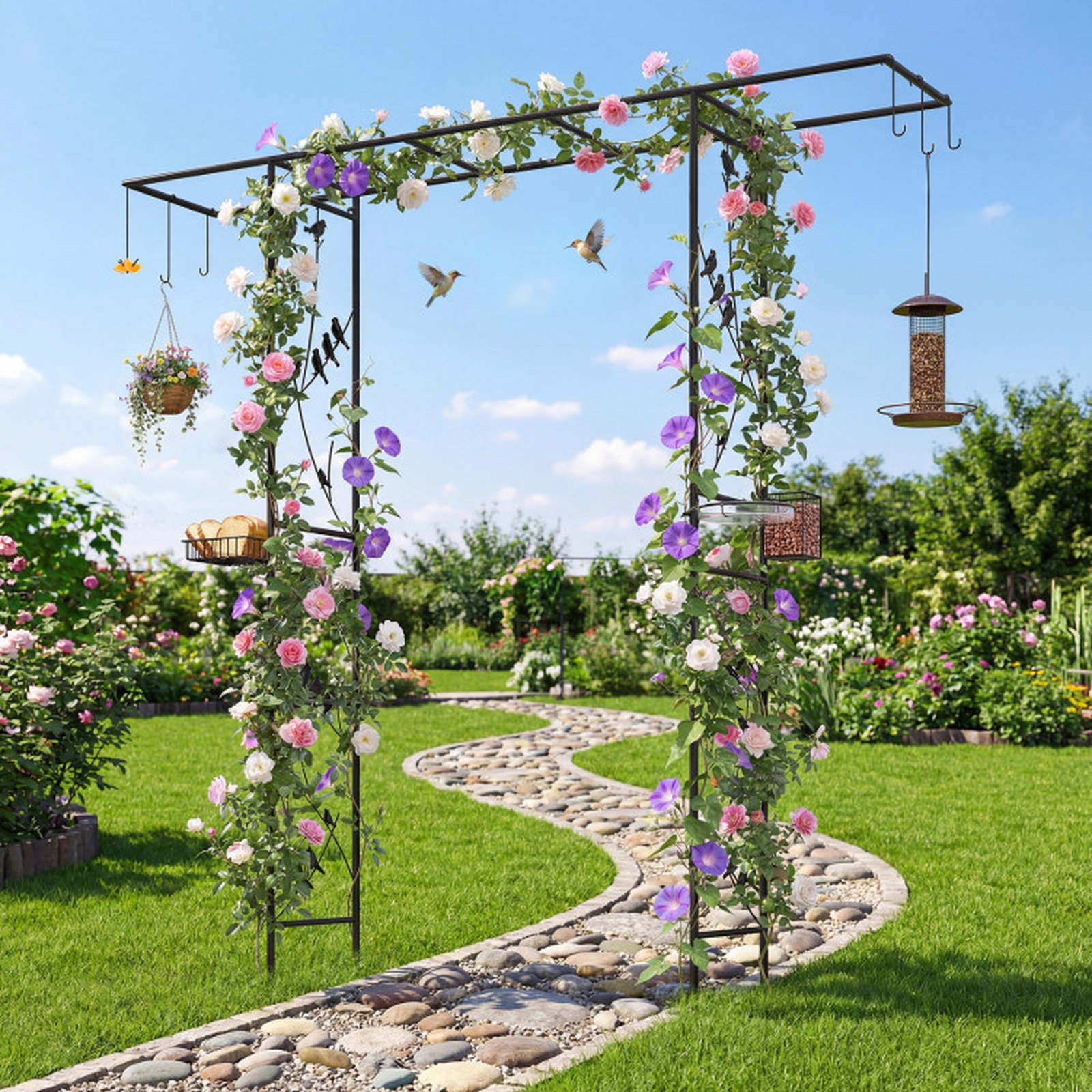 SUGIFT 84-in Garden Arbor Bird Feeding Station Trellis with 7 Hooks Water Bowl Mesh Tray and Suet Feeder Black