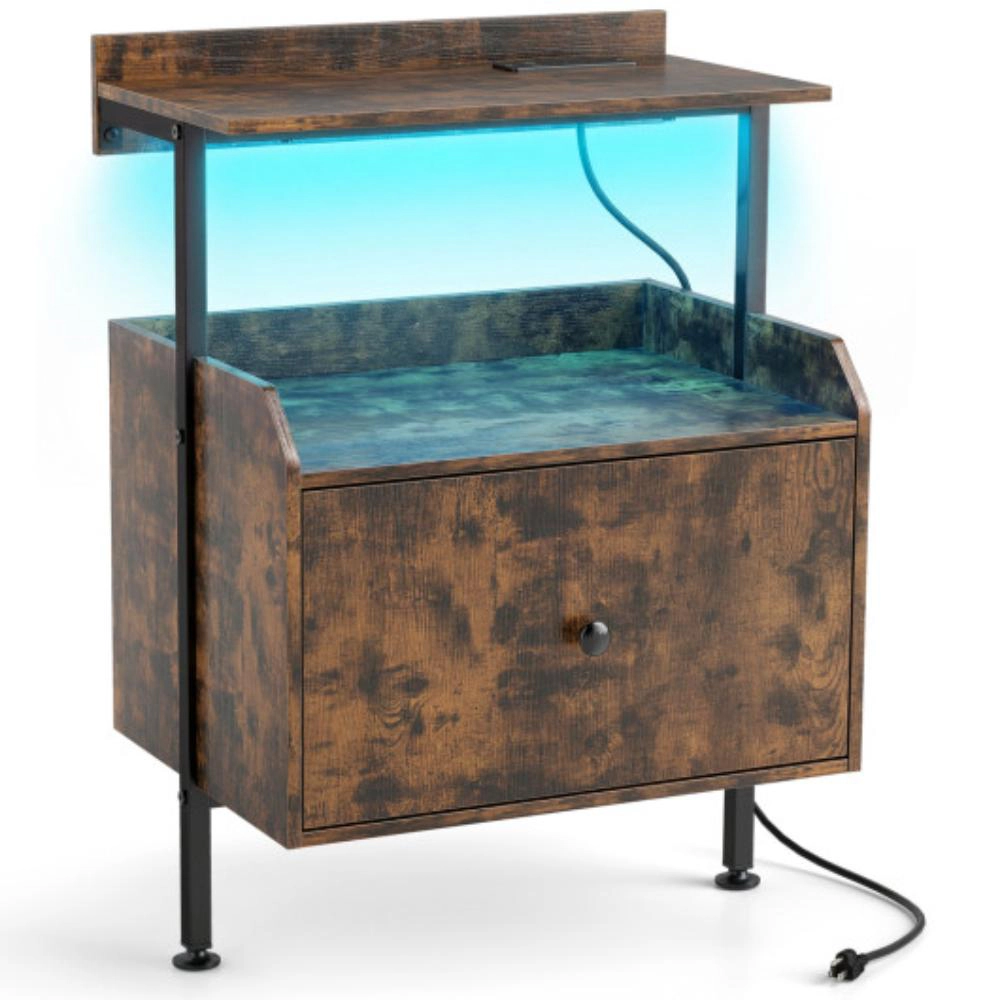 Hivvago Wall-mounted Nightstand with LED Lights and Charging Station for Bedroom