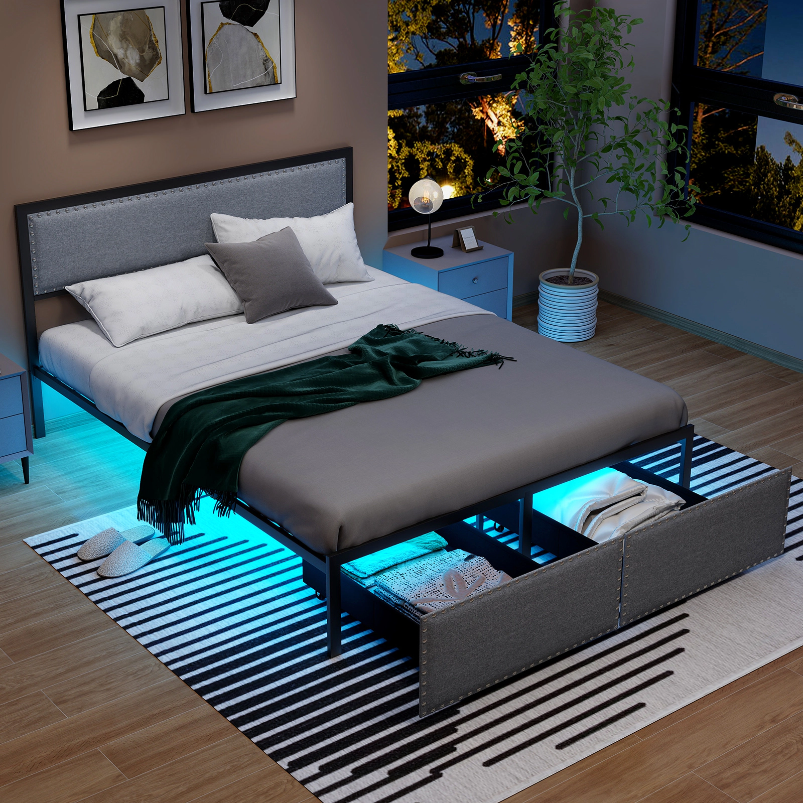 LJG Full/Queen/Twin Size Bed Frame with LED Lights Drawer and Metal Slats
