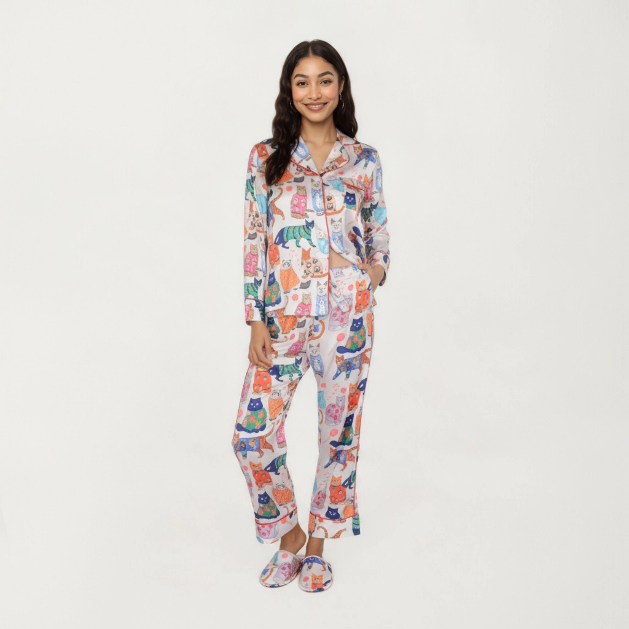 Anna-Kaci Women's 2-Piece Long Sleeve Button Front Pajama Set with Cat Print and Soft Silky Fabric