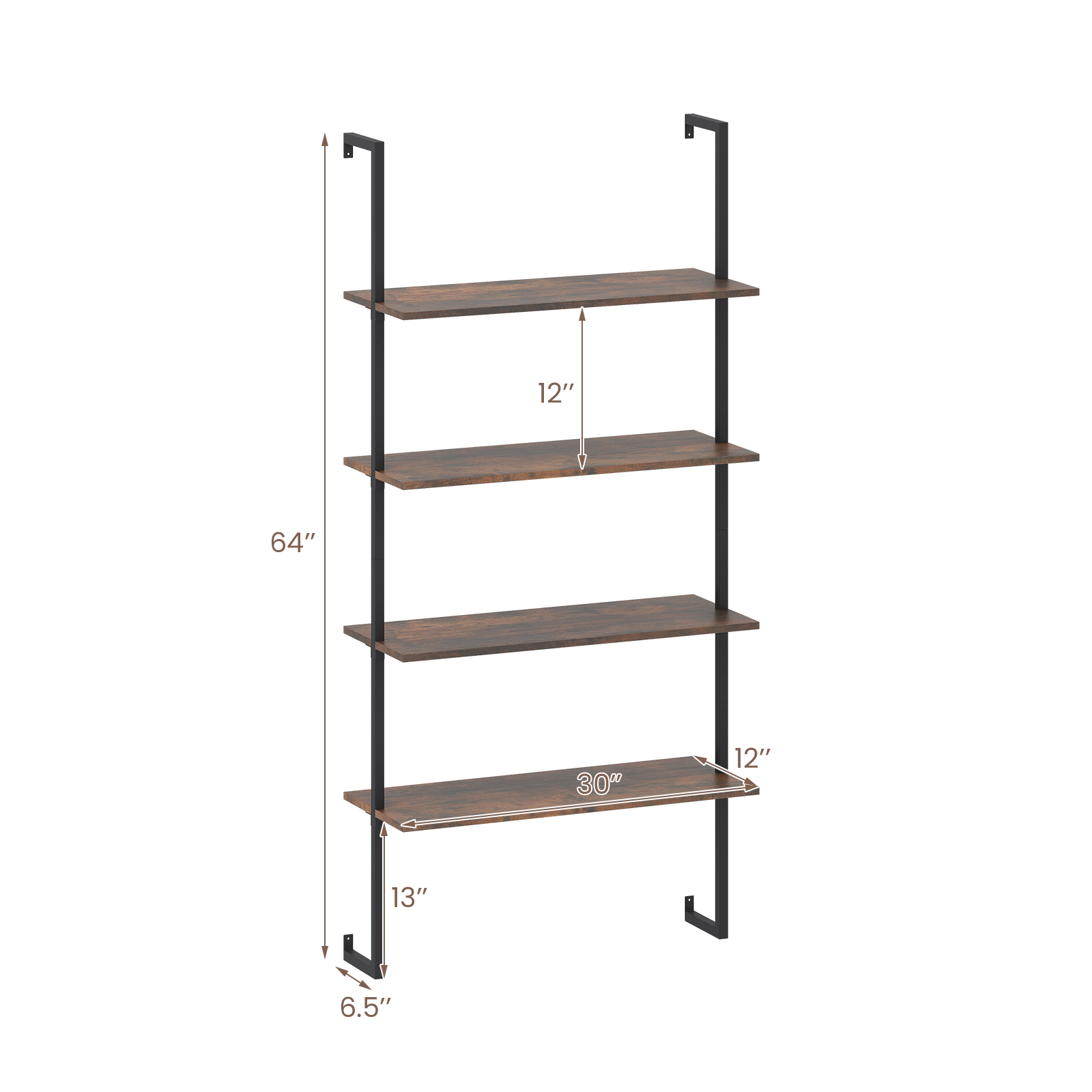 SUGIFT Brown 4-Tier Industrial Ladder Bookshelf Wall Mounted with Metal Frame