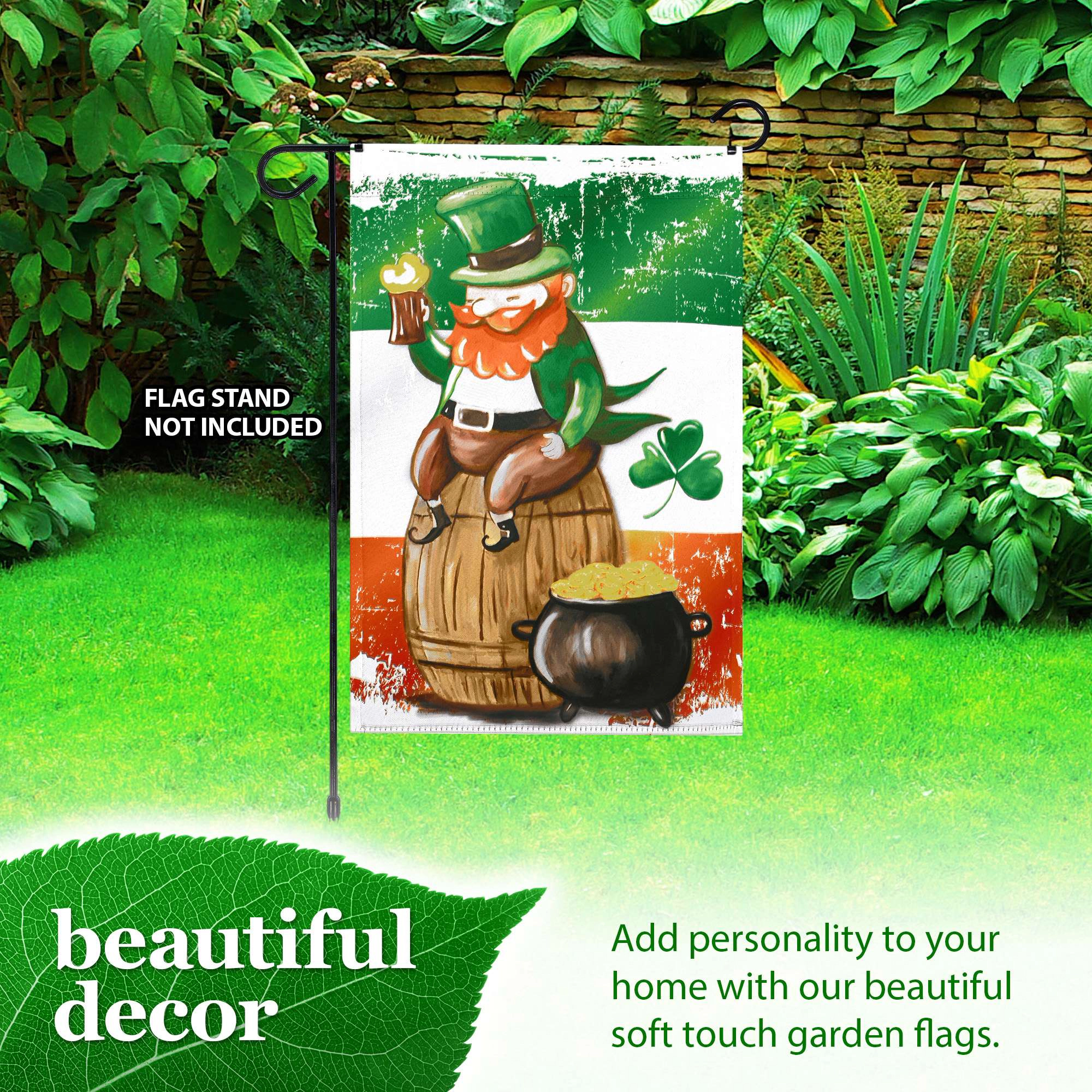 G128 Double-Sided St. Patrick's Day Garden Flag 12x18 in Leprechaun with Pot of Gold