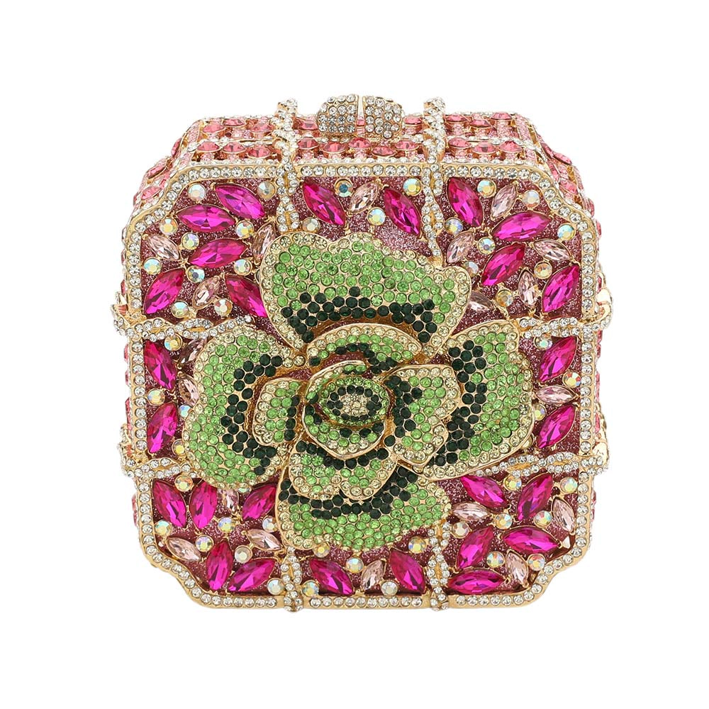 Fashnzfab Crystal Rhinestone Embellished Flower Pointed Square Evening Clutch Shoulder Bag