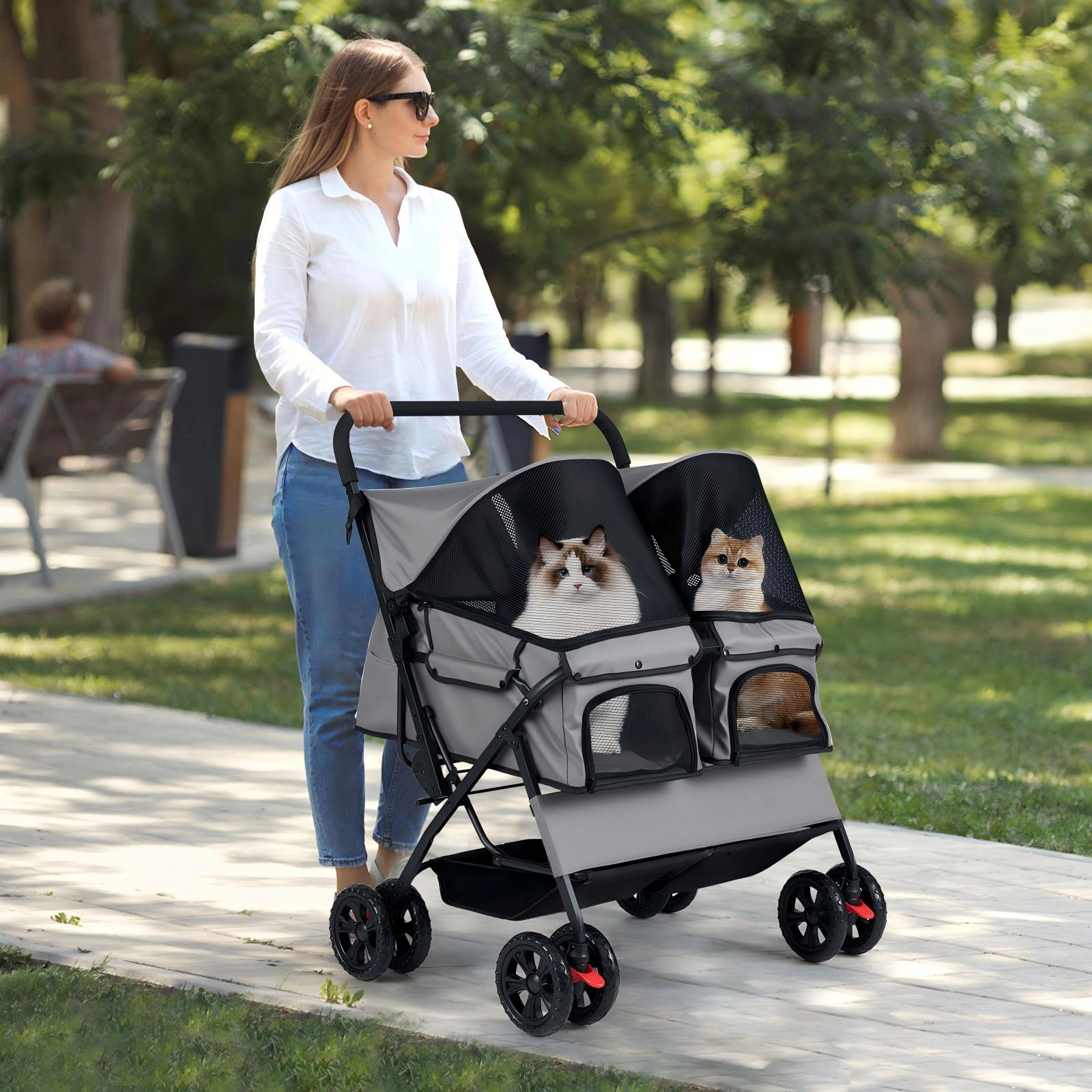 SUGIFT Gray Double Pet Stroller with Storage Basket and Pockets 31.5-in W 28.5-in D 40-in H 26-lb Seat Capacity