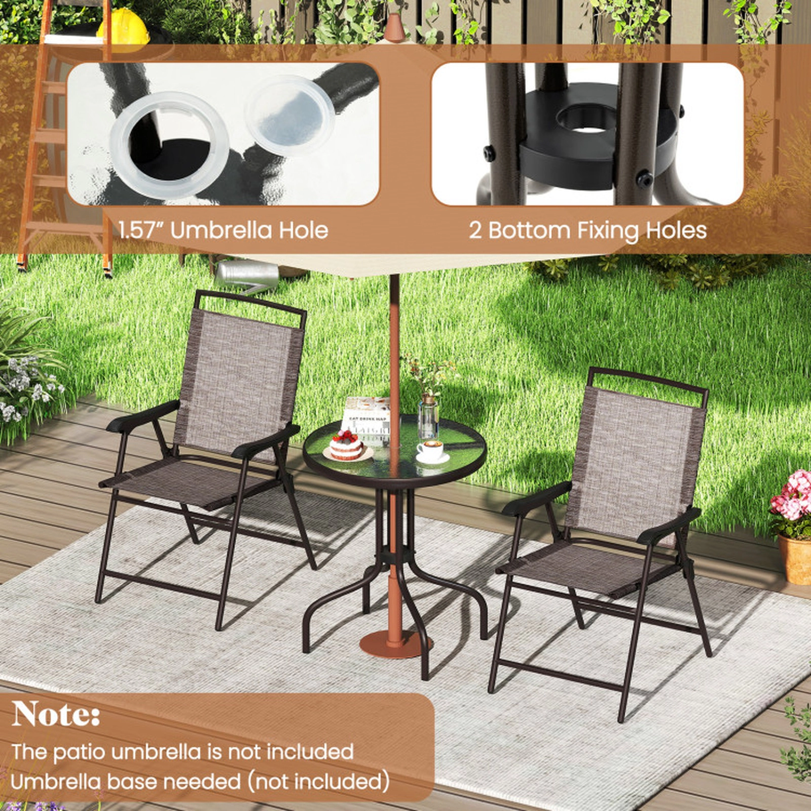 SUGIFT 3-Piece Brown and Black Outdoor Bistro Set with Tempered Glass Table and Folding Chairs
