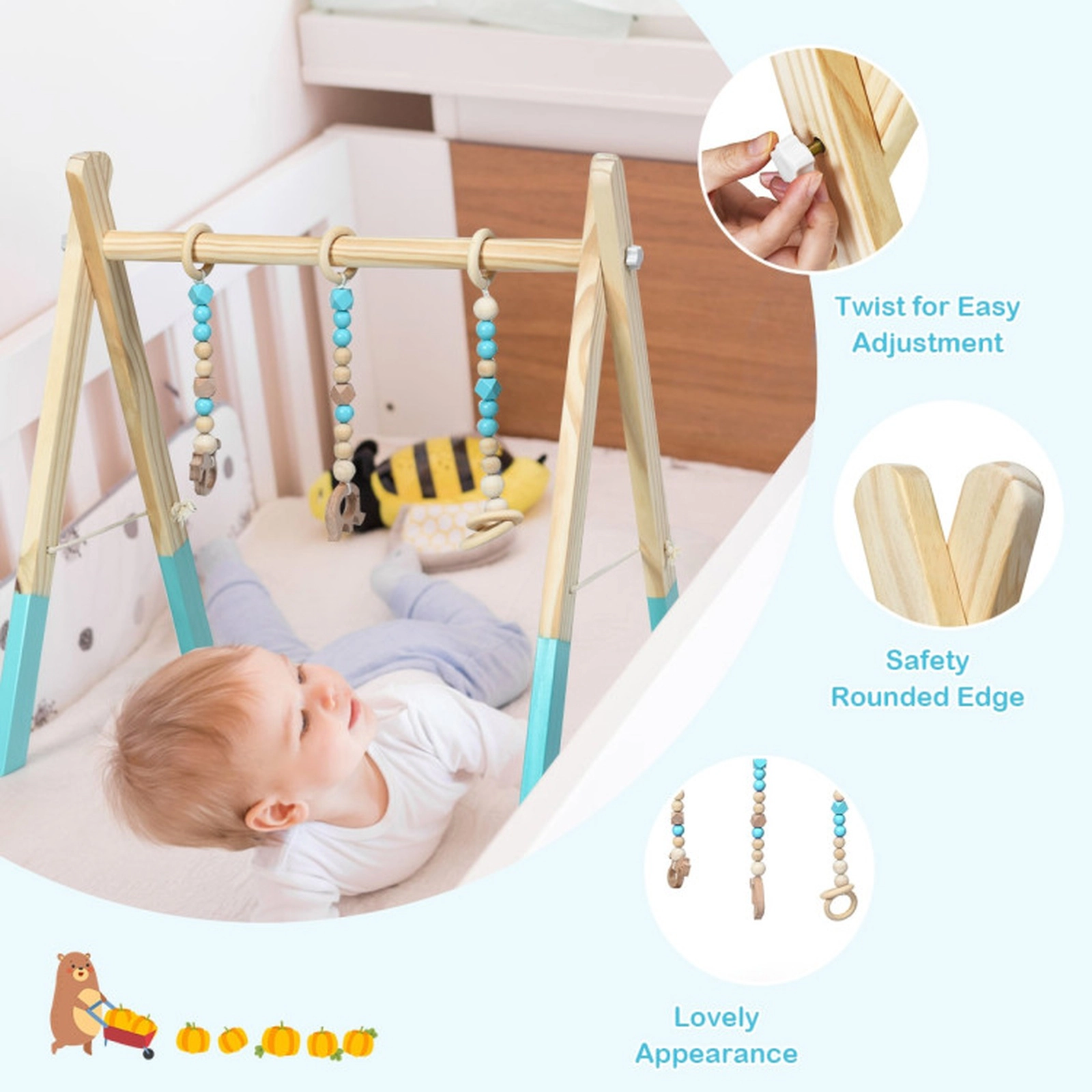 SUGIFT Baby Blue Wooden Play Gym with 3 Hanging Teething Toys and Folding Frame 23.5-in W 17.5-in D 23.5-in H