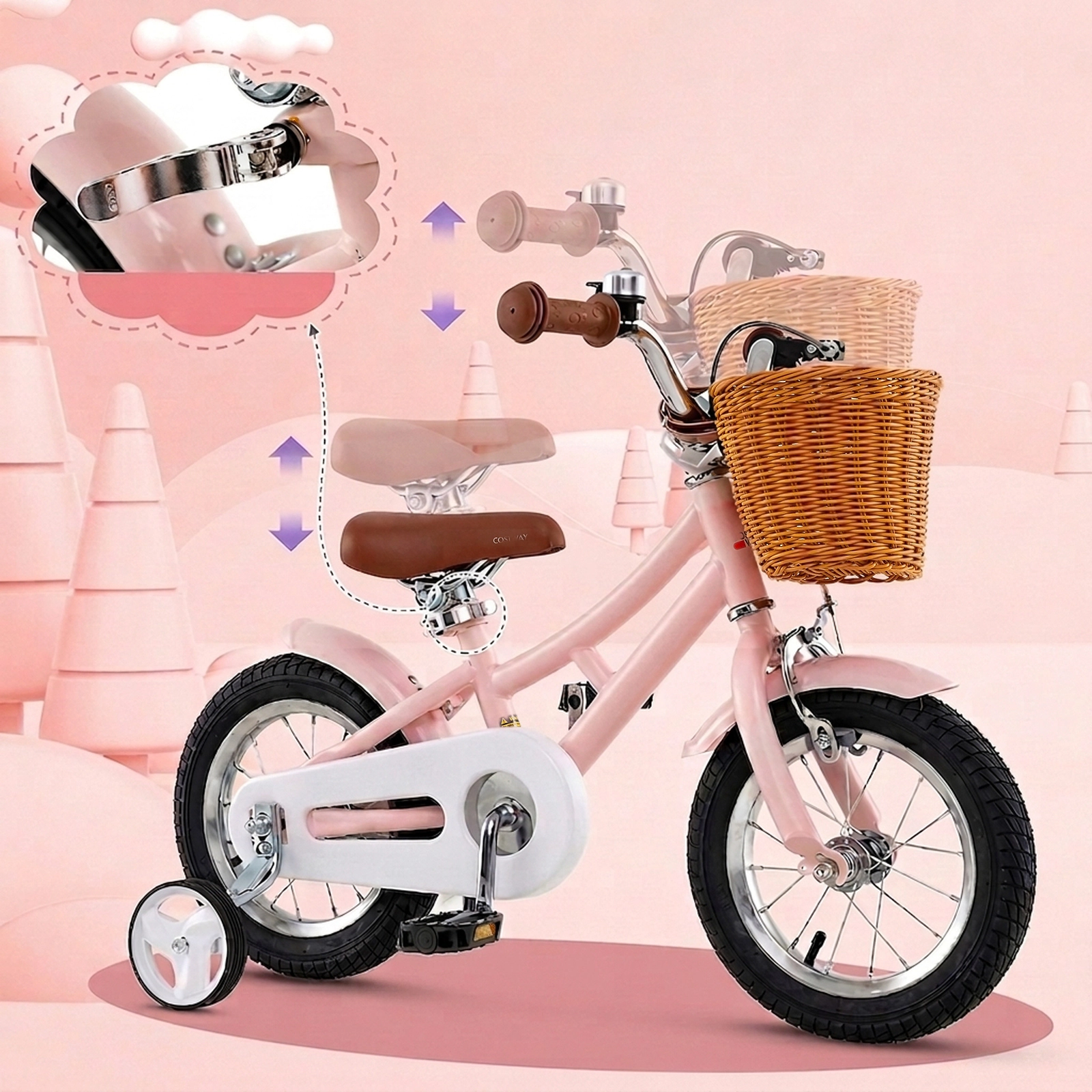 SUGIFT 12-in Kids Retro Bicycle Adjustable Seat Handbrake Coaster Brake Training Wheels & Basket 110-lb Capacity Ages