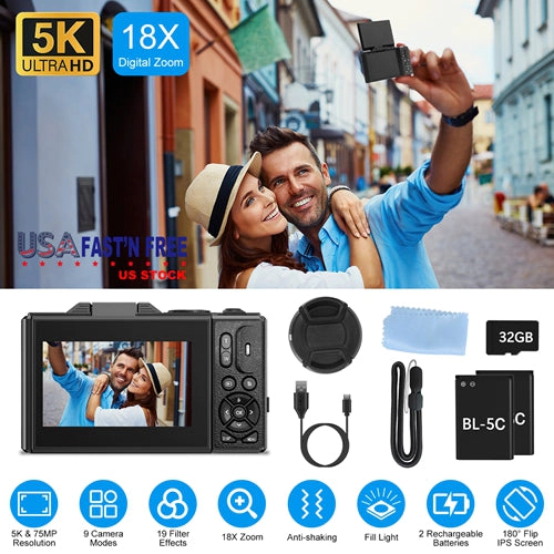 GBruno 5K 75MP Anti-Shake Digital Camera With WiFi