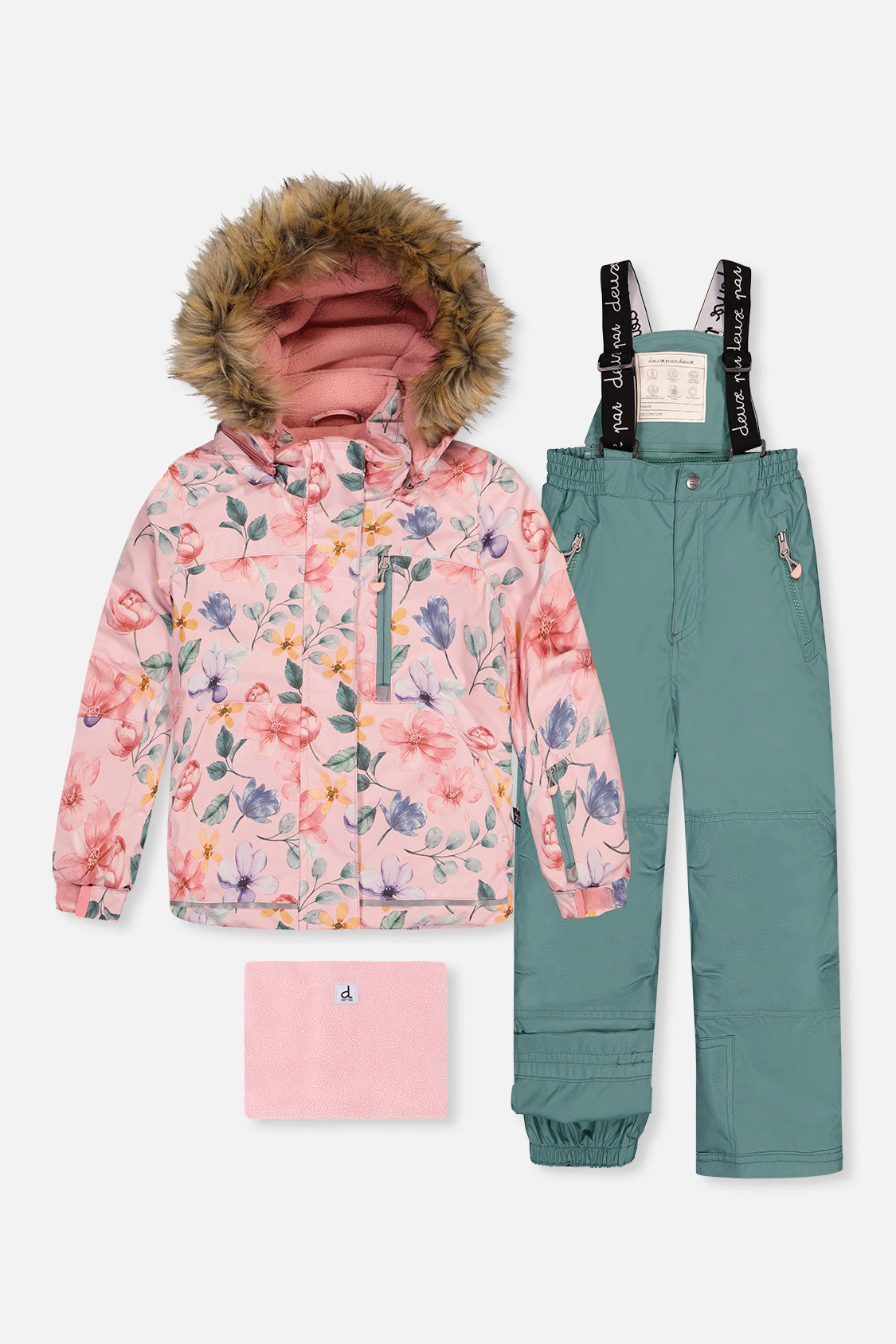 Deux par Girls Vintage Floral Print Two Piece Play Snowsuit with Hooded Jacket and Snow Pants