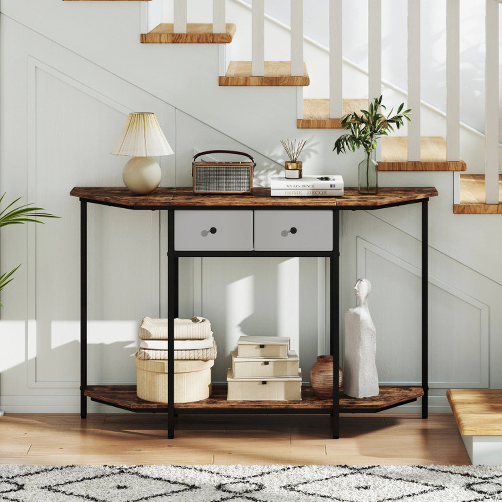 SUGIFT Polygonal Console Table with 2 Drawers and Open Storage Shelf 110-lb Tabletop Capacity Rustic Brown Black Gray
