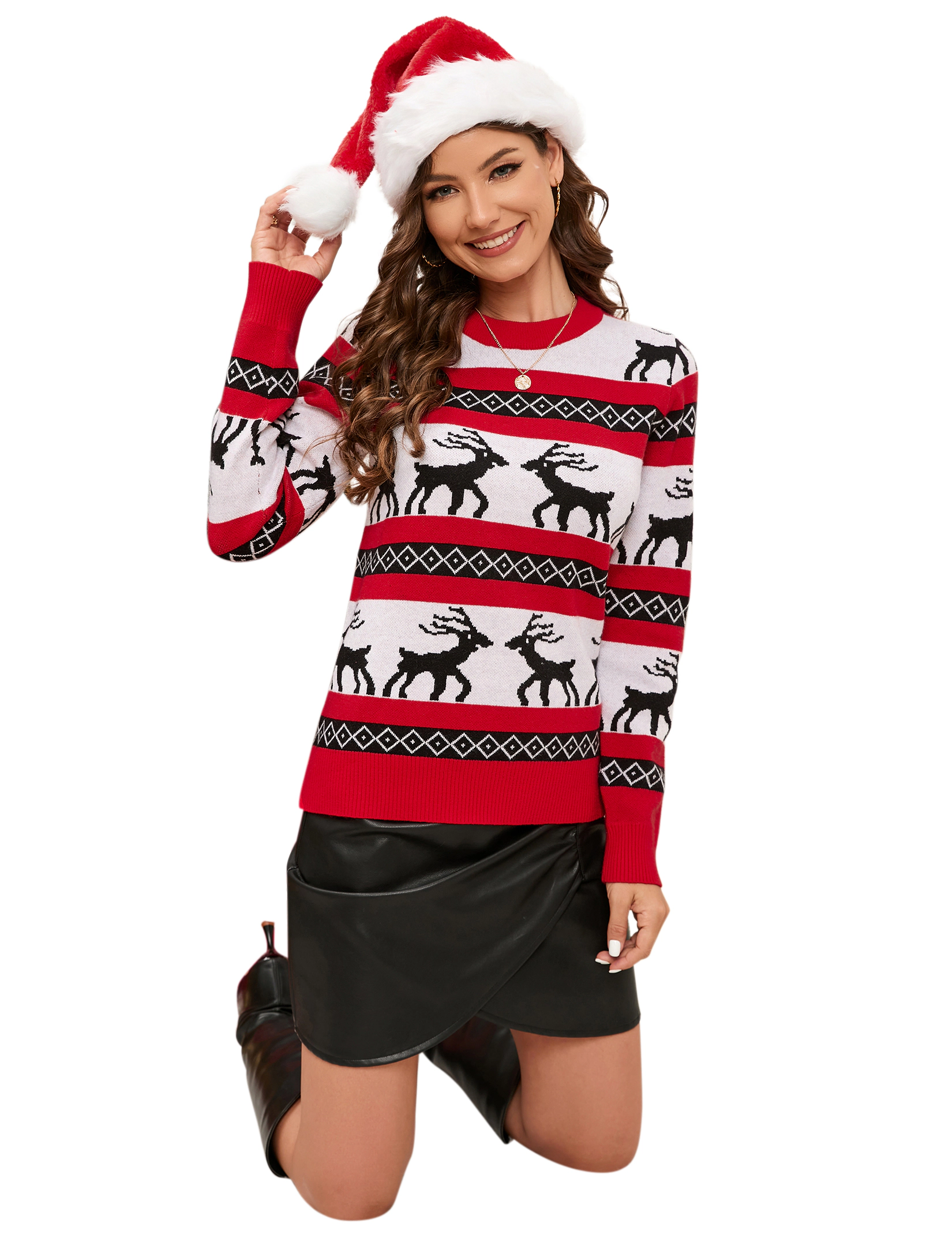 KOJOOIN Women Christmas Sweater Fair Isle Reindeer Knit Pullover Striped Jacquard Sweater for Holiday Party