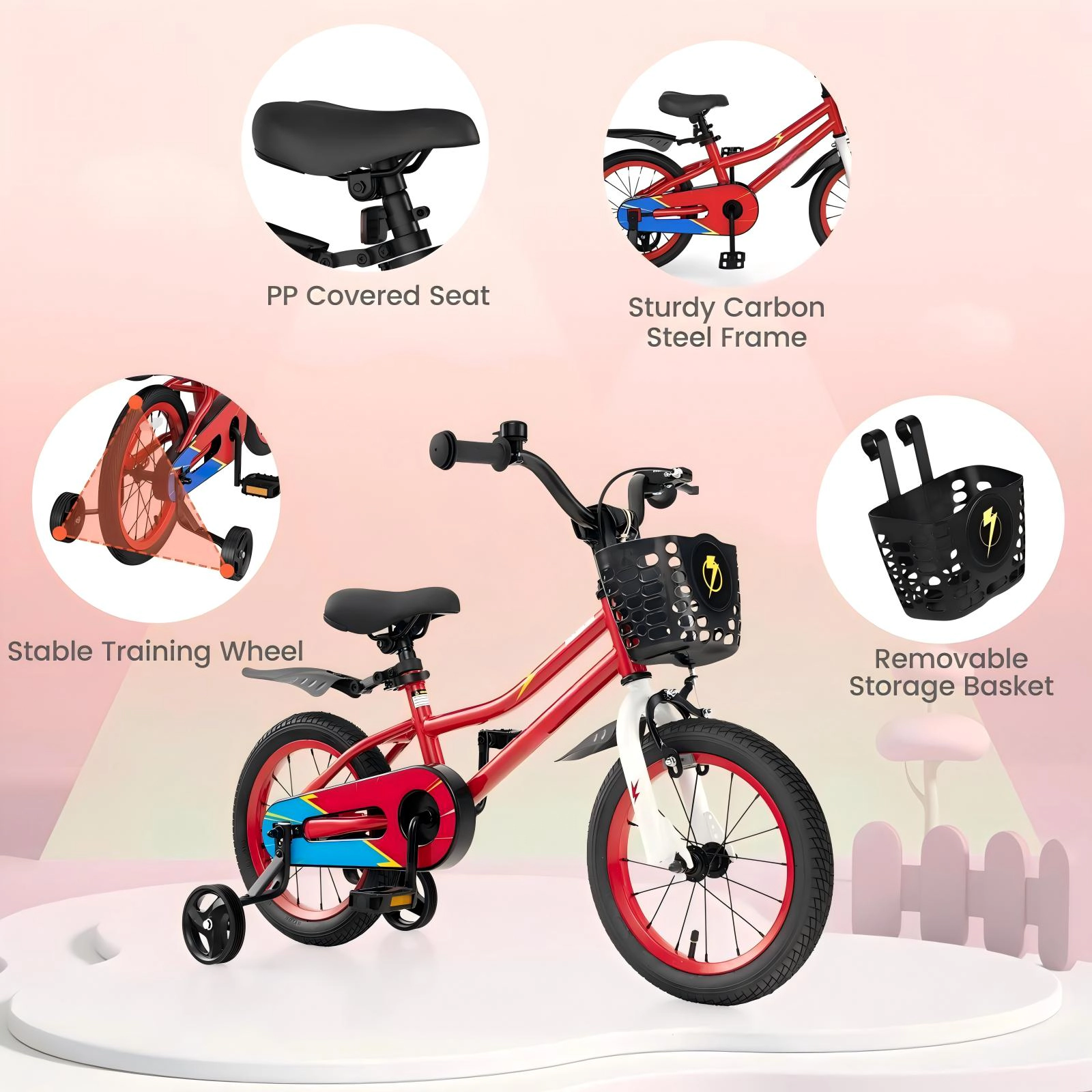 SUGIFT Height-Adjustable 14-Inch Kids Bike with Training Wheels 99-lb Capacity Ages 3-5 Years Red